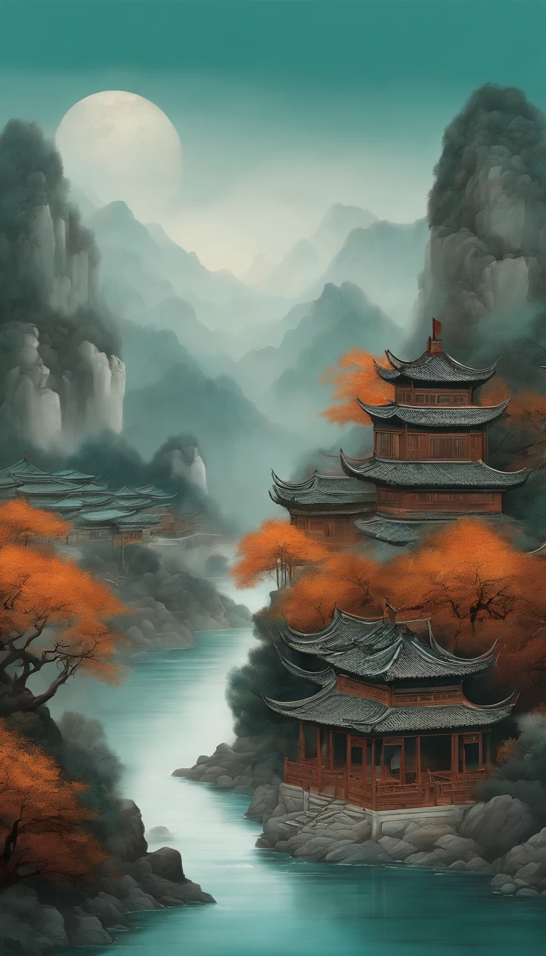 An idyllic Chinese mural, Teal and light gray style, Layered landscape, Chinese ink art, Monumental ink mural, Ricoh FF-9D, Golden Age aesthetics,