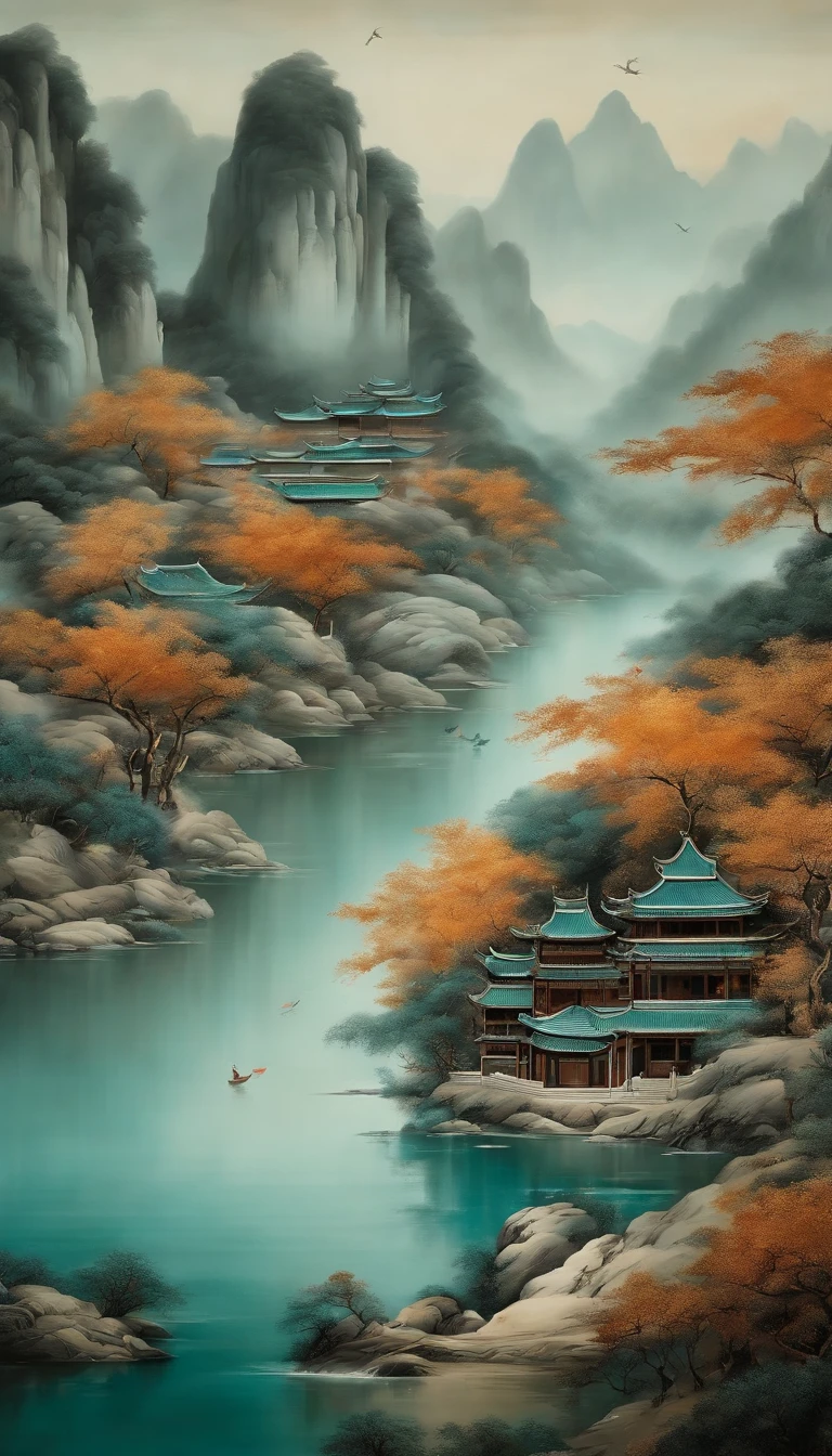 An idyllic Chinese mural, Teal and light gray style, Layered landscape, Chinese ink art, Monumental ink mural, Ricoh FF-9D, Golden Age aesthetics,