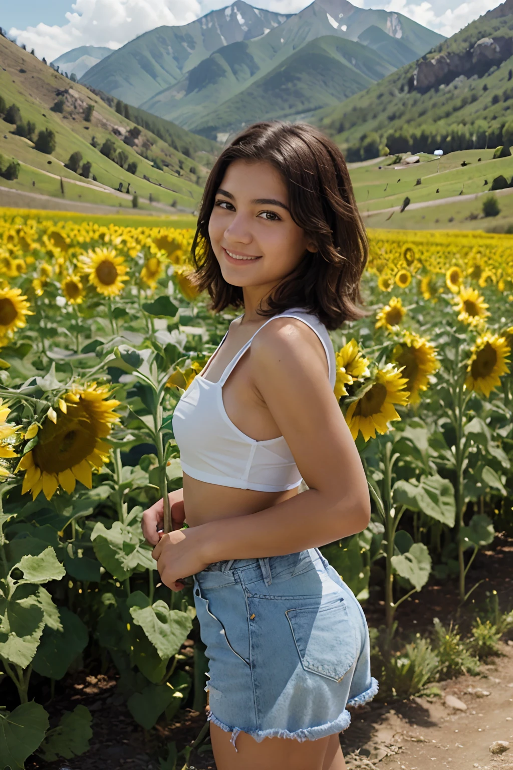 best quality, masterpiece, ultra detailed, ************ , huge ass, no make up, happy Smile, Deep black eyes, cute eyes, Jet black hair, long ponytail, denim shorts, ass sticking out of denim shorts, White T-shirt, short sleeve, See-through, sunflower field background, daytime,