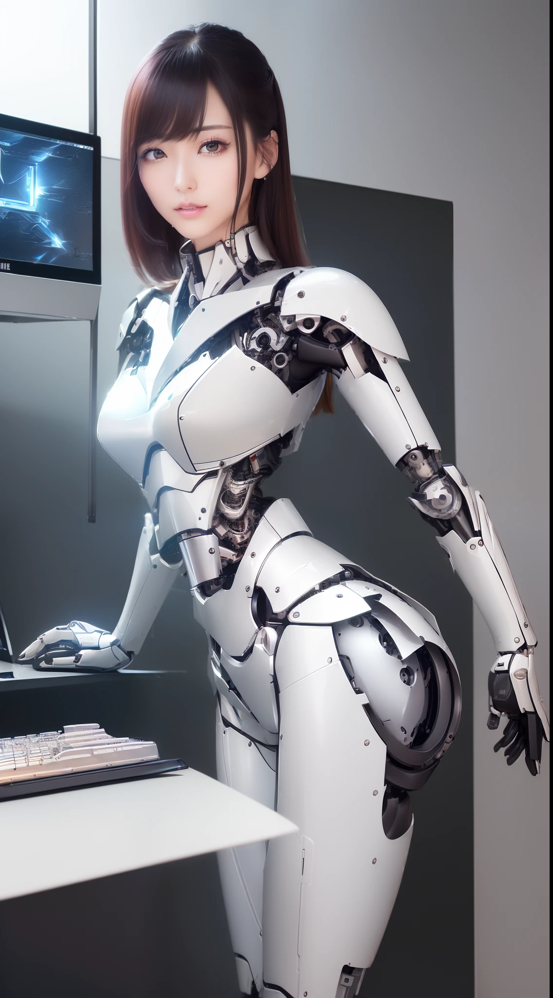 ((masutepiece)), ((top-quality), high quarity、ultra-definition, (Realistic), ((well proportioned face))、fulcolor 、(scientific fiction)、(独奏)、Beautiful robot woman、Combat Robots、(Perfect robot joint)、((Perfect computer interior))、(machine components)、White porcelain mechanical armor、(Oval curvaceous face)、(almond shape eyes)、thin mouth、deadpan、((Perfect mechanical two-handed))、(Outside the city)、Perfect robot legs