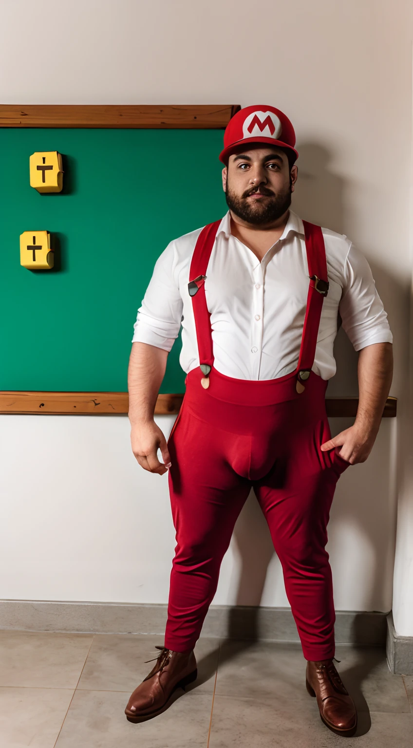 mario (super mario bros outfit), red hat, "M" Letter iconic red hat, italian guy, 30s age, blue eyes, brown hair, dark brown mustache, beefy chubby body, bulge, full body shot, masterpiece,