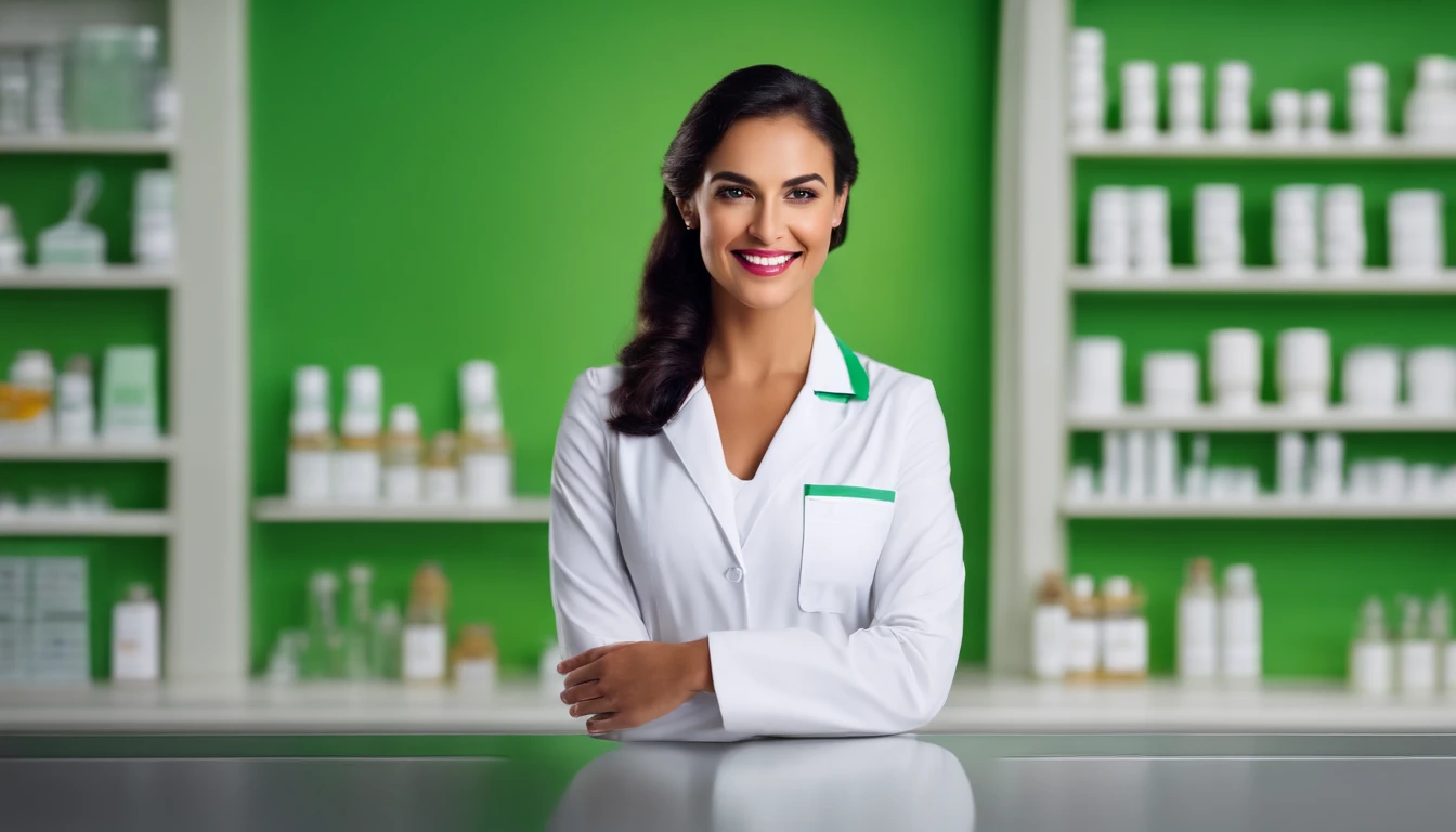 Create a striking visual with a cheerful pharmacist, exuding warmth and professionalism. Picture a confident woman in the classic white attire of her profession, standing tall and smiling brightly. The image should capture her from head to toe, showcasing her expertise and approachability. Set against a vibrant, uniform green background reminiscent of a chroma key, this high-definition shot accentuates her presence and versatility. Ideal for commercial use, this cinematic image captures the essence of trust, competence, and friendliness, making it a powerful choice for your project