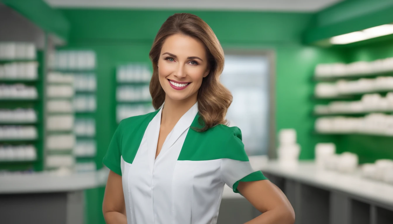 Create a striking visual with a cheerful pharmacist, exuding warmth and professionalism. Picture a confident woman in the classic white attire of her profession, standing tall and smiling brightly. The image should capture her from head to toe, showcasing her expertise and approachability. Set against a vibrant, uniform green background reminiscent of a chroma key, this high-definition shot accentuates her presence and versatility. Ideal for commercial use, this cinematic image captures the essence of trust, competence, and friendliness, making it a powerful choice for your project