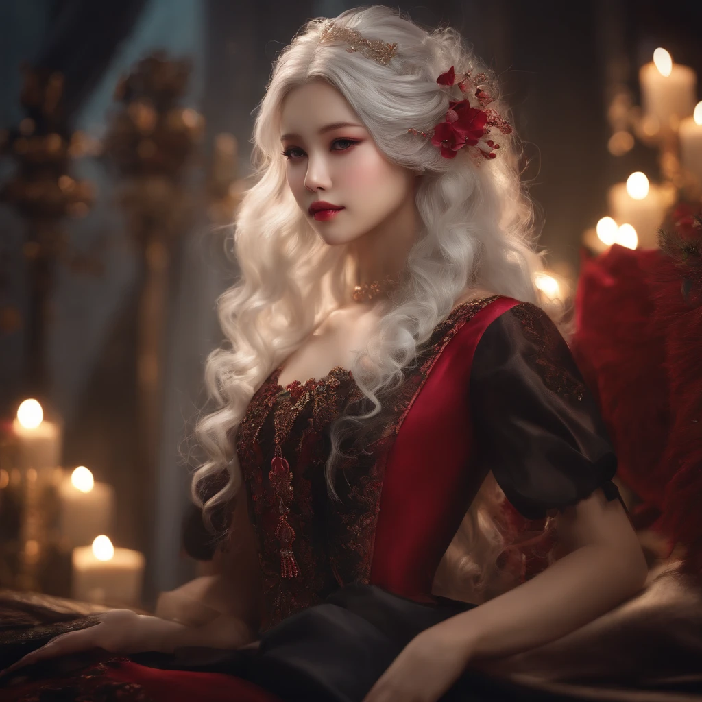 (CG 8k wallpaper extremely detailed, masterpiece, best quality, ultra-detailed), (better lighting, better shadow, extremely delicate and beautiful), floating, high saturation, dynamic angle, ((1girl)), gorgeous, ningguang(orchid evening dress) white hair, red eyes, very long hair, hair ornament, bangs