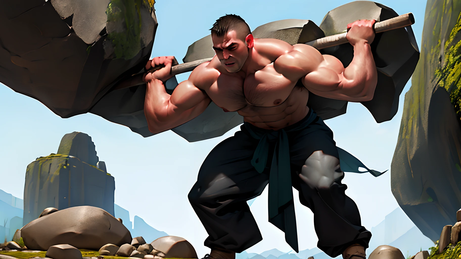 Strong man shirtless holding up a giant boulder above his head with both hands, full body, standing, struggling underneath immense weight,