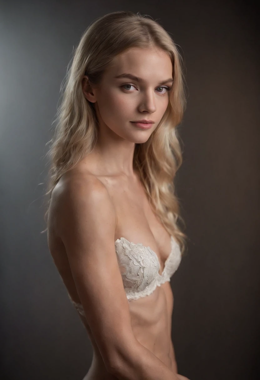 NSFW - Full-length photograph of Gorgeous NUDE thin blonde 16 year old trim, athletic model and track star poses for studio photograph. Dramatic side lighting highlights her very lean feminine muscles. Perfect feminine athletic form. She's standing against a plain very dark background. No lights or details are visible in the background.