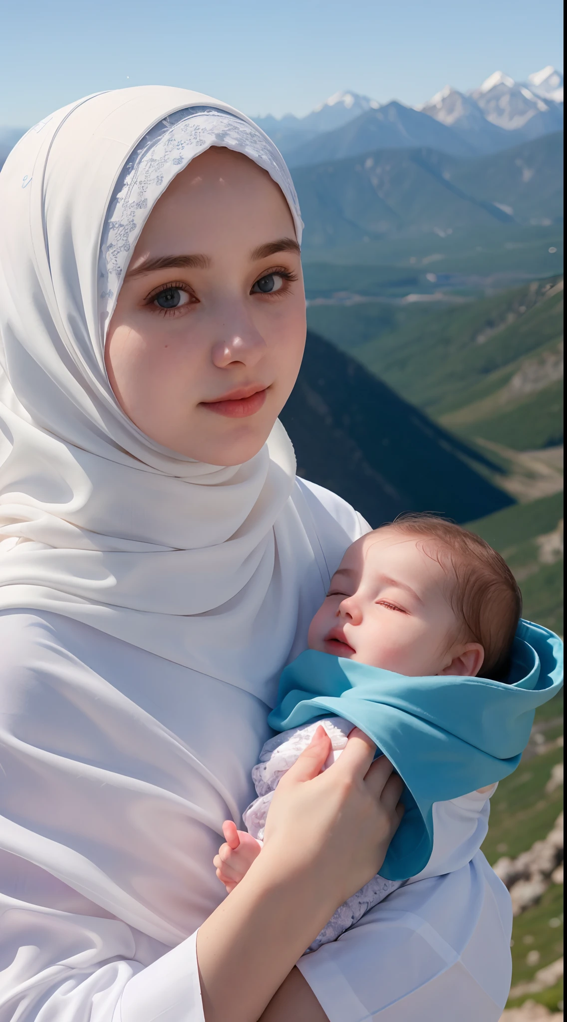 1 Girl, Beautiful, Russian Baby Face, 20 Years Old, White Skin, Hijab Muslim Outfit, Top of The Mountain Background, Smile, ((bokeh:1.3)), Carrying Baby Girl, Perfect Body Anatomy, ((adorable:1.1)), ((masterpiece:1.1)), HDR pregnant woman