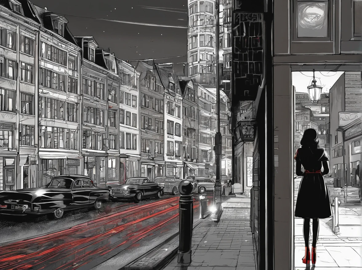 an award winning picture, black&white film noir atmosphere, photorealistic, (best detailed: 1.5), of the red windows of Amsterdam, best detailed picture in (black and white:1.5), a picture of a street on the river, you see the length of the street, the buildings from its start on the street are one or two stories high, its night time, model715(red lights:1.5) coming from the windows of the buildings, the other side of the street is the a river, there is a  (woman, standing with her back to the camera: 1.2), woman in (black and white:1.5) dynamic hair, ultra feminine, she is wearing pantyhose, short skirt, and wearing high heels, the picture is a from street's floor, you see the street to the left, there are the buildings and the light coming from them, and from the right side there is the  river, the woman is standing in the street, its night time, there is moon light and stars, ultra best realistic, best details, best quality, 16k, (ultra detailed: 1.5), masterpiece, best quality, (extremely detailed), ultra wide shot, photorealism, depth of field, hyper realistic