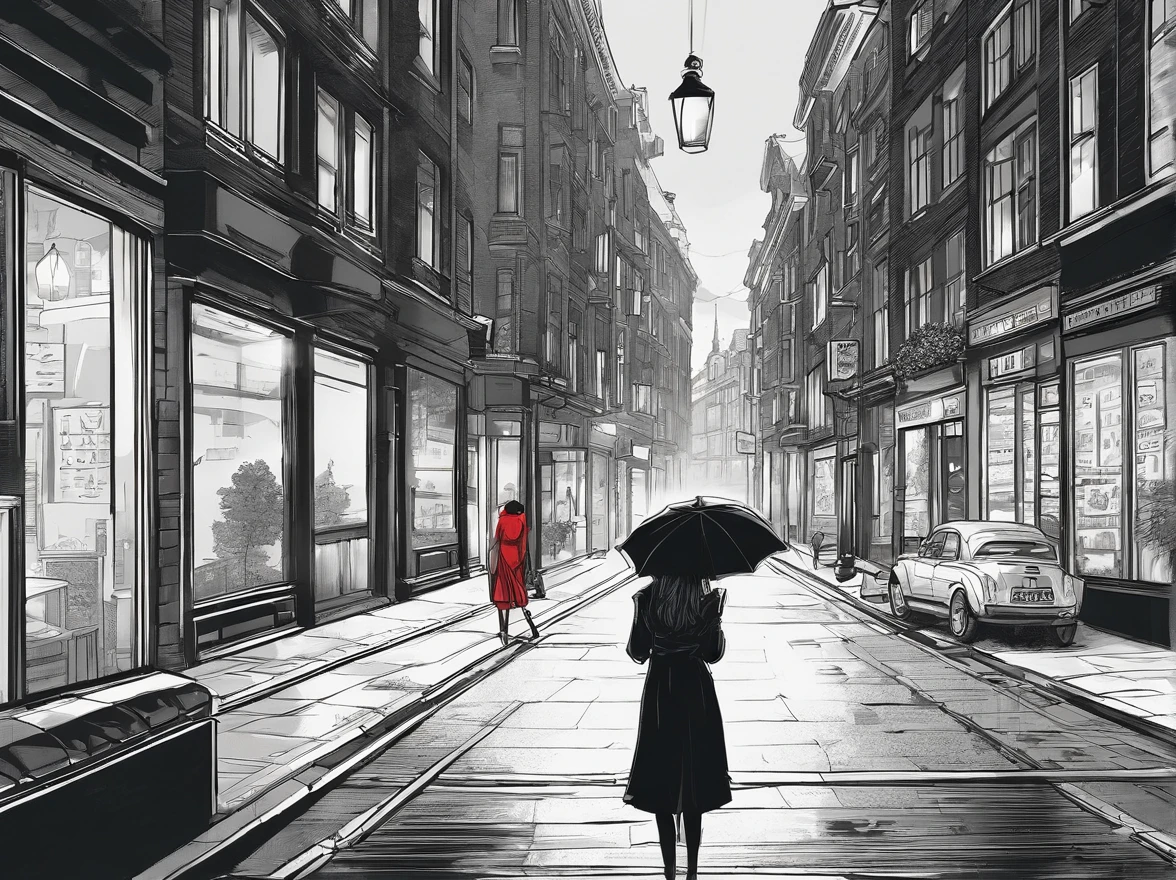an award winning picture, black&white film noir atmosphere, photorealistic, (best detailed: 1.5), of the red windows of Amsterdam, best detailed picture in (black and white:1.5), a picture of a street on the river, you see the length of the street, the buildings from its start on the street are one or two stories high, its night time, model715(red lights:1.5) coming from the windows of the buildings, the other side of the street is the a river, there is a (woman, standing with her back to the camera: 1.2), woman in (black and white:1.5) dynamic hair, ultra feminine, she is wearing pantyhose, short skirt, and wearing high heels, the picture is a from street's floor, you see the street to the left, there are the buildings and the light coming from them, and from the right side there is the river, the woman is standing in the street, its night time, there is moon light and stars, ultra best realistic, best details, best quality, 16k, (ultra detailed: 1.5), masterpiece, best quality, (extremely detailed), ultra wide shot, photorealism, depth of field, hyper realistic