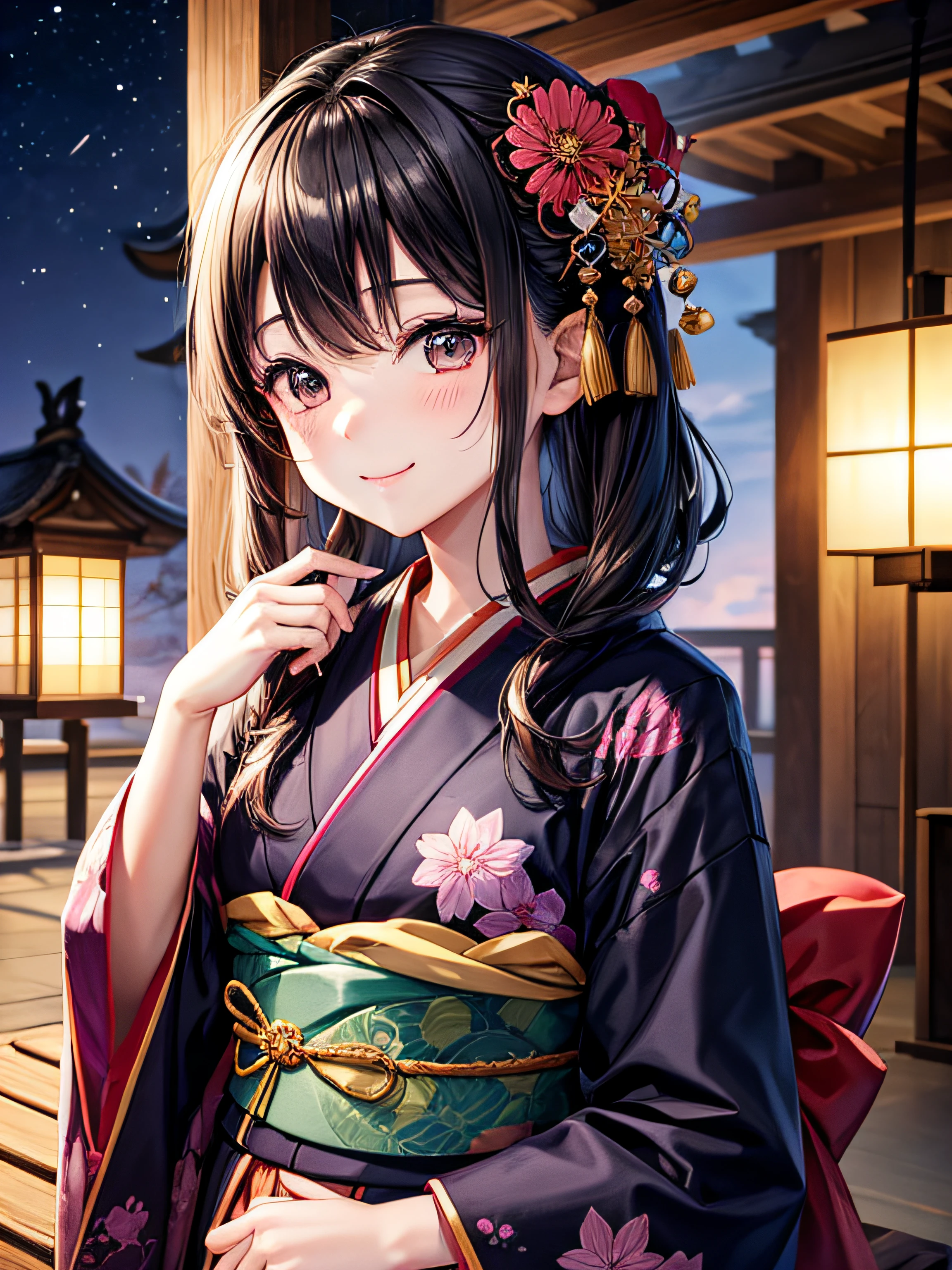 kawaii、A dark-haired、jpn、Staring at this、fleeting、​masterpiece、vivid、kimono、a smile、gentle