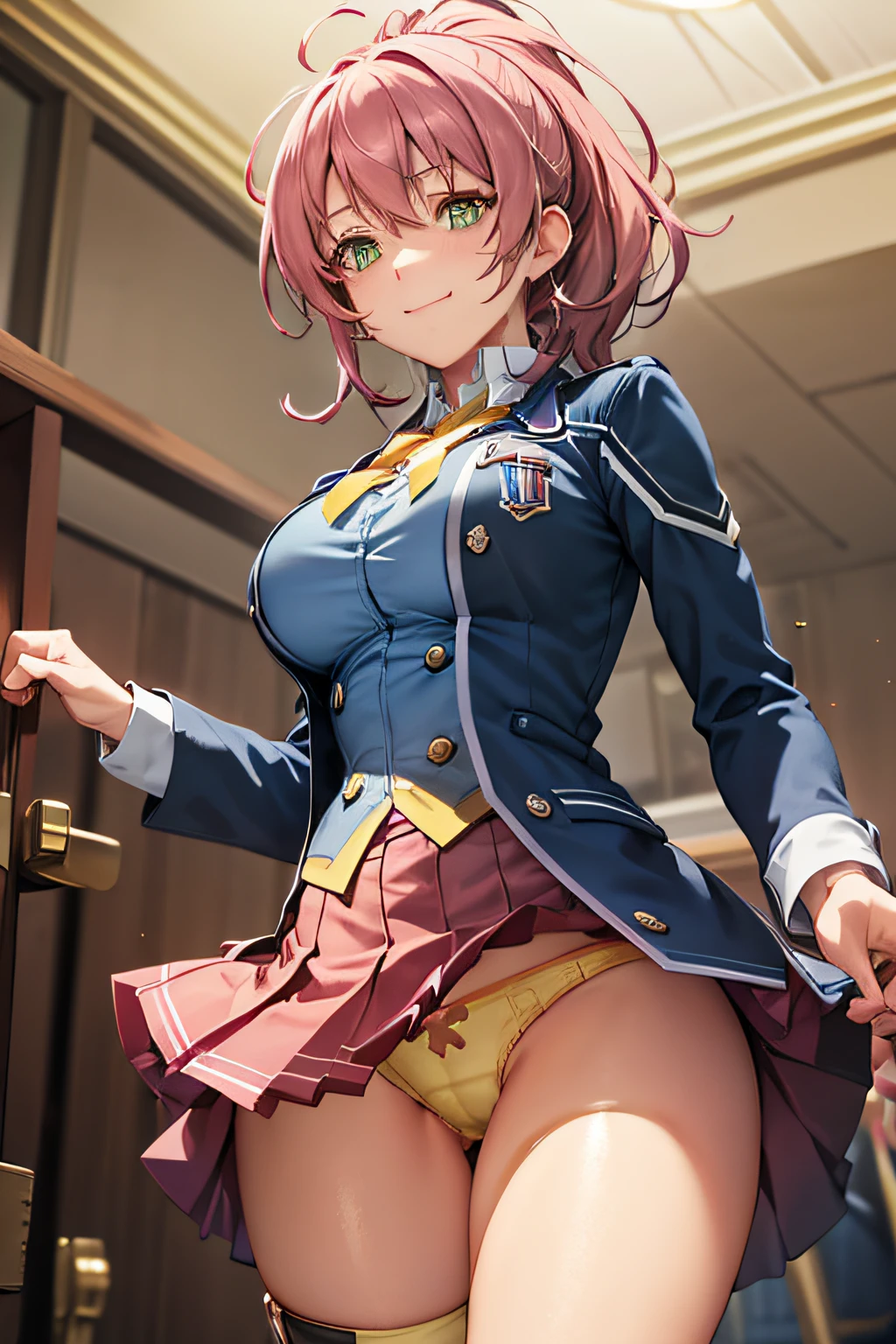 Juna Crawford, poneyTail, Green eyes, Big breasts,Pink hair Blue Blazer,Blue waistcoat, a blue skirt,Red Ribbon, knee boots, , (((yellow panties exposed))), full bodyesbian, a smile, embarrassed from, , Adults, schools, from below looking up, tucking up the skirt