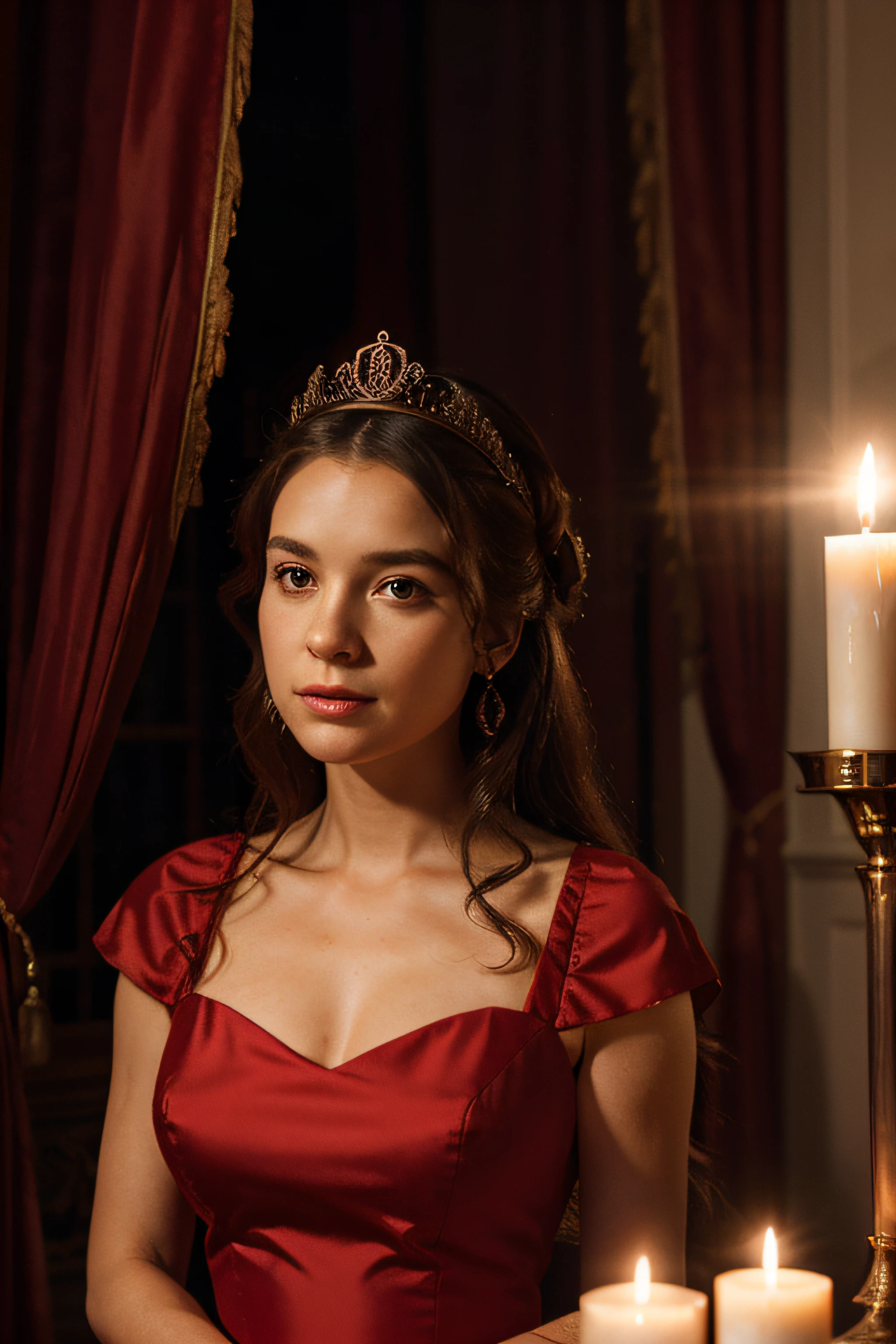 Cute Queen Portrait , Red Dress , Curtains , Candles , Neo Classical , Night time ,