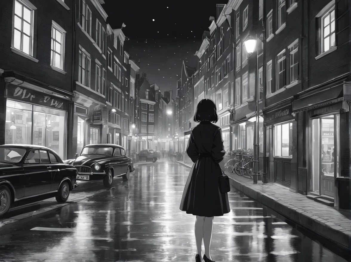 an award winning picture, black&white film noir atmosphere, photorealistic, (best detailed: 1.5), of the red windows of Amsterdam, best detailed picture in (black and white:1.5), a picture of a street on the river, you see the length of the street, the buildings from its start on the street are one or two stories high, its night time, model715(red lights:1.5) coming from the windows of the buildings, the other side of the street is the a river, there is a  (woman, standing with her back to the camera: 1.2), woman in (black and white:1.5) dynamic hair, ultra feminine, she is wearing pantyhose, short skirt, and wearing high heels, the picture is a from street's floor, you see the street to the left, there are the buildings and the light coming from them, and from the right side there is the  river, the woman is standing in the street, its night time, there is moon light and stars, ultra best realistic, best details, best quality, 16k, (ultra detailed: 1.5), masterpiece, best quality, (extremely detailed), ultra wide shot, photorealism, depth of field, hyper realistic