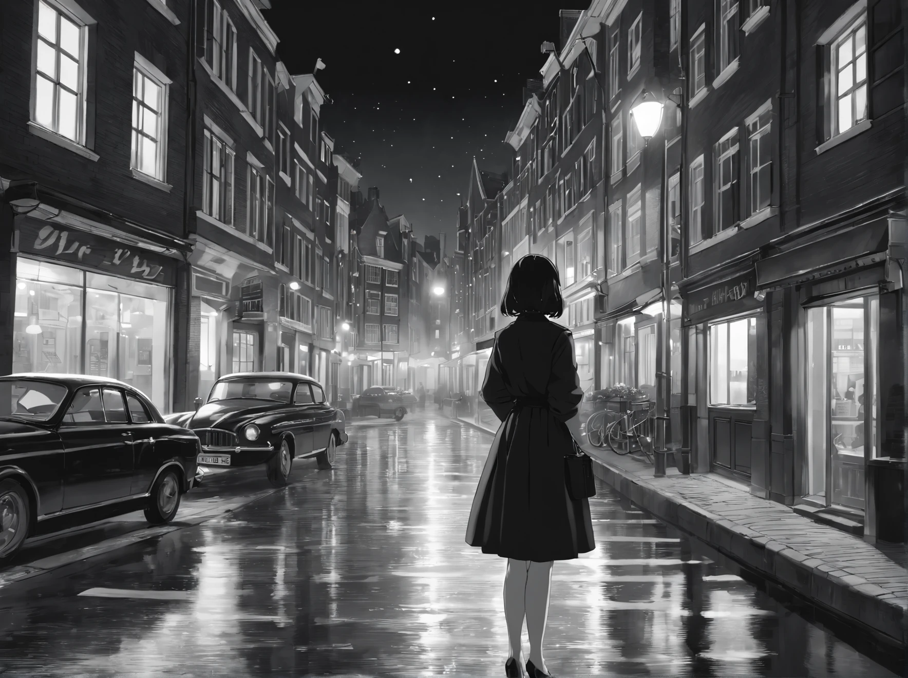 an award winning picture, black&white film noir atmosphere, photorealistic, (best detailed: 1.5), of the red windows of Amsterdam, best detailed picture in (black and white:1.5), a picture of a street on the river, you see the length of the street, the buildings from its start on the street are one or two stories high, its night time, model715(red lights:1.5) coming from the windows of the buildings, the other side of the street is the a river, there is a (woman, standing with her back to the camera: 1.2), woman in (black and white:1.5) dynamic hair, ultra feminine, she is wearing pantyhose, short skirt, and wearing high heels, the picture is a from street's floor, you see the street to the left, there are the buildings and the light coming from them, and from the right side there is the river, the woman is standing in the street, its night time, there is moon light and stars, ultra best realistic, best details, best quality, 16k, (ultra detailed: 1.5), masterpiece, best quality, (extremely detailed), ultra wide shot, photorealism, depth of field, hyper realistic