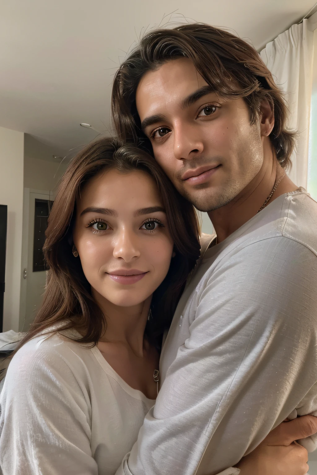 absurd resolution, Very high resolution, super detalhado, (master part: 1.4), (((Rosto detalhado, Detailed expression))), (melhor qualidade), Ultra detalhado, unity 8k, casal hetero, homem e mulher, por volta dos 30 anos de idade, Healthy couple, homem magro, mid hair, olhos castanhos, cabelos castanhos, mulher esbelta, cabelos loiros, olhos claros, sorridente, homem e mulher, casal, namorados, encontro