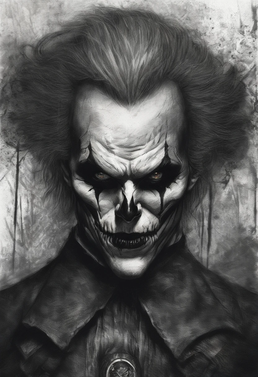 A sketch drawing of the character's skull joker, hyper-realistic, artistic, Todo blanco y negro