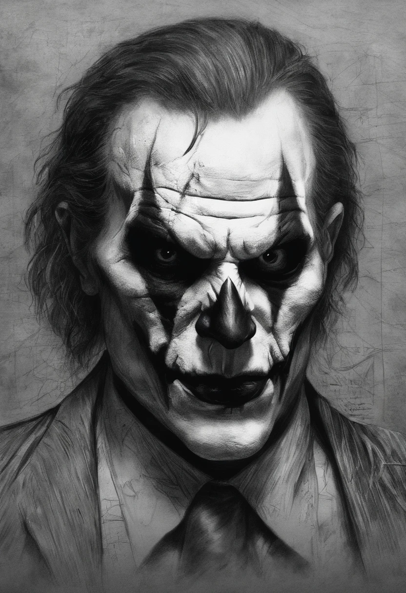 A sketch drawing of the character's skull joker, hyper-realistic, artistic, Todo blanco y negro