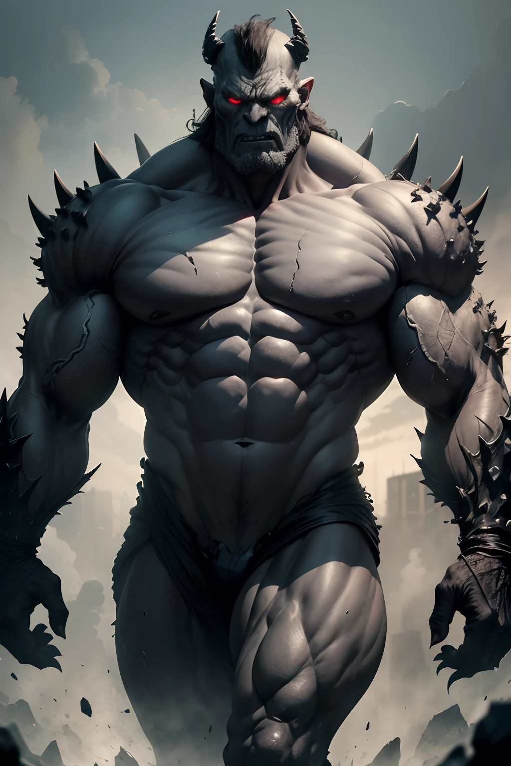 4k resolution image of doomsday as a huge, savage and mindless monster three meter tall, grey flesh, bone spikes growing thorough his dark grey skin
