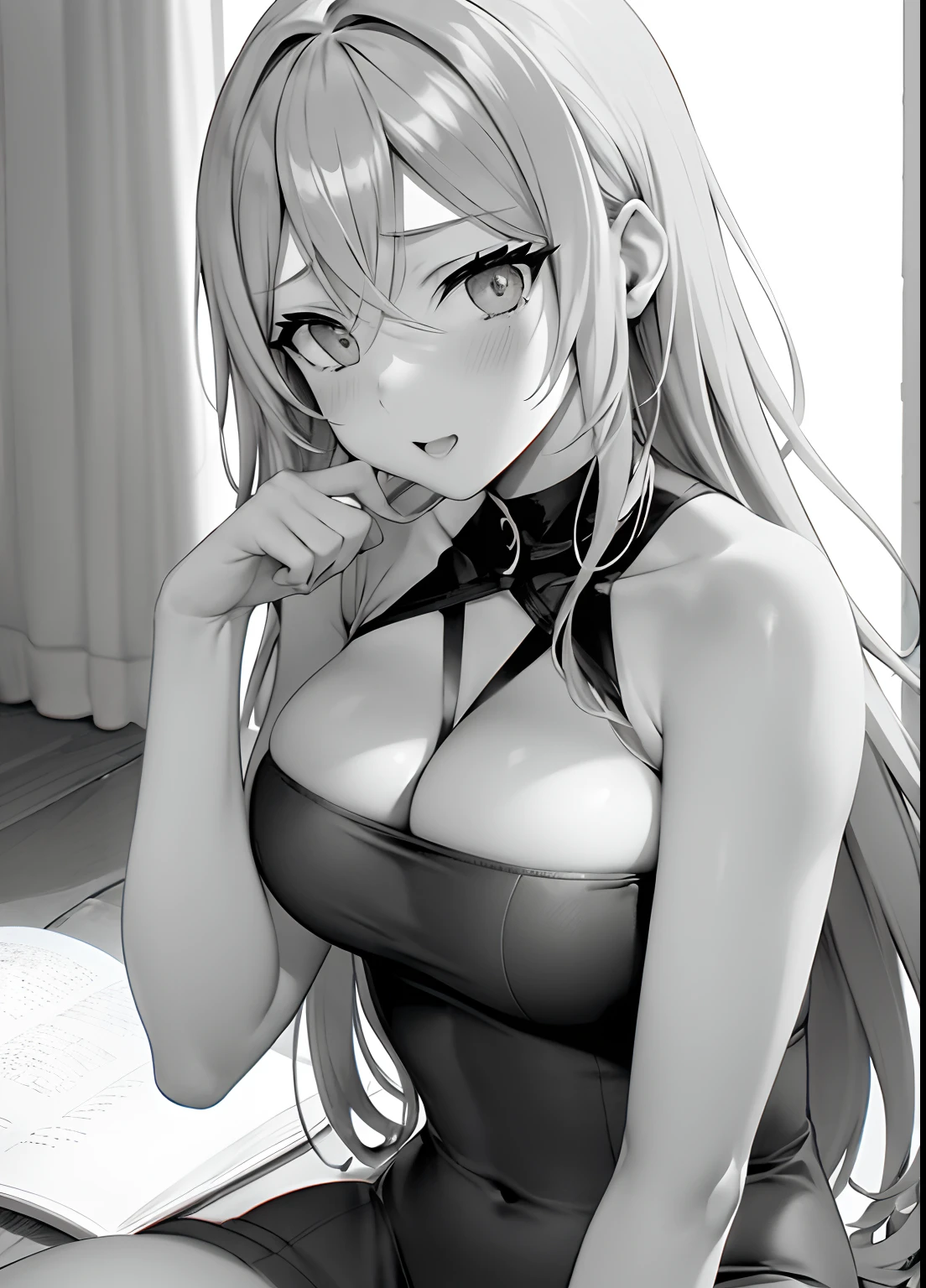 boichi manga style, 1girl, monochrome greyscale, solo, sitting, long hair, upper body, ((masterpiece))