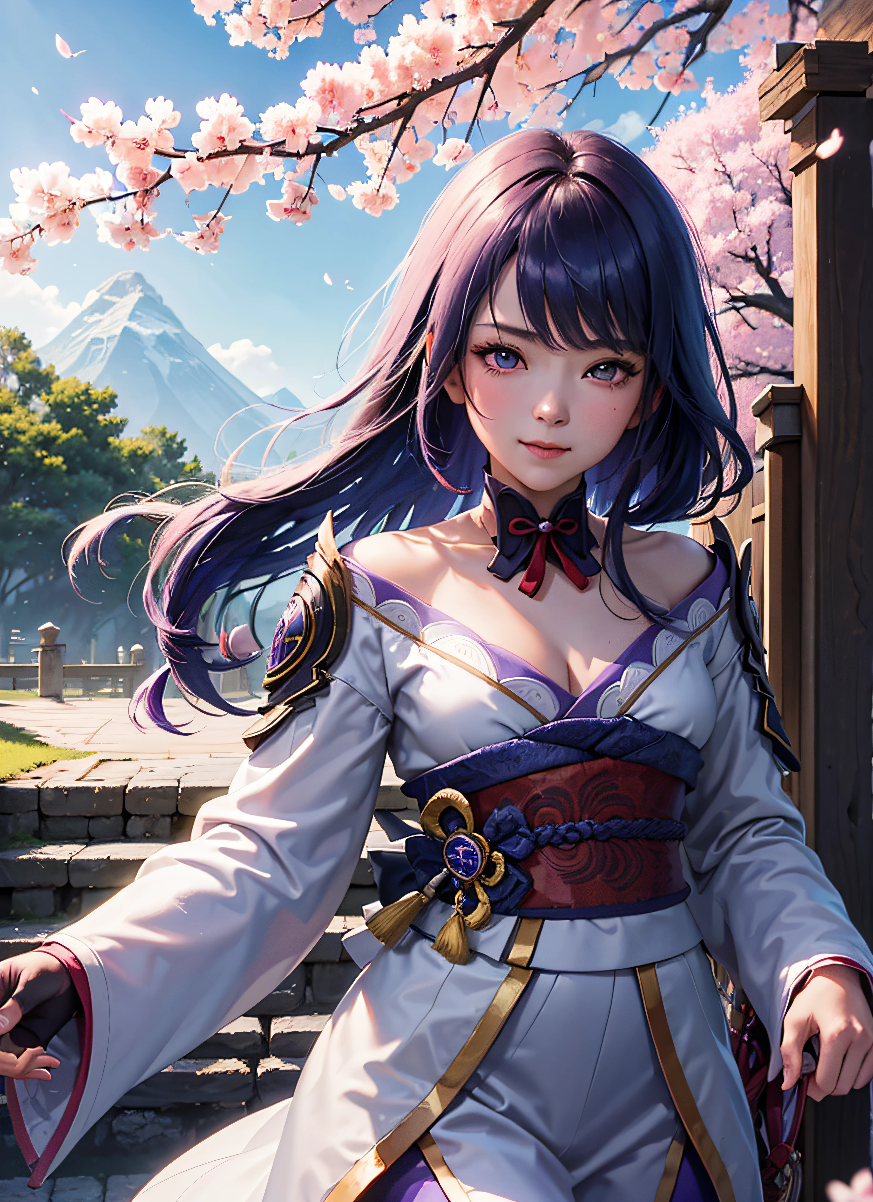 raidenshogundef, upper body, smile, blush, outdoors, cherry blossoms, day, simple background, blue sky, long hair, sky, temple, looking at viewer, stairs, mountain, moody lighting, facing viewer, high quality, high res, (masterpiece:1.4),8k