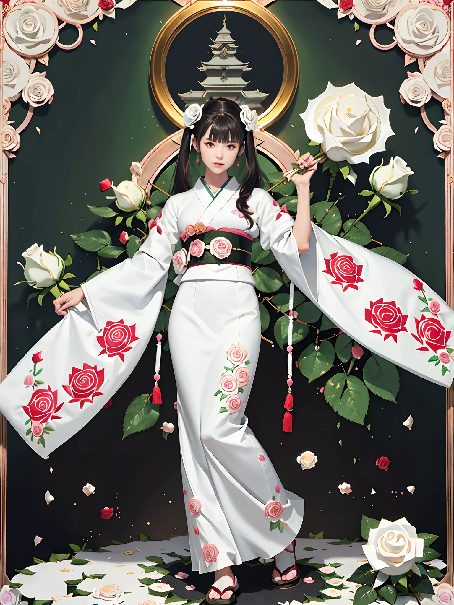 rokoko:1.5,Background of details(Japanese garden(White Rose:1.5)),BREAK ,elaborate costume(Luxury kimono(colorful japanese clothes(detailed embroidery(Rose pattern embroidery:1.2)))),BREAK,1 Beautiful and classy adult woman(Japanese actressl:1.2)(glossy dark hair(poneyTail:1.2))(Arms outstretched),BREAK,Wallpapers 16K,Blur the background,(masutepiece:1.5), (Best Quality:1.5),(Portrait photos:1.5),(full body Esbian:1.5)