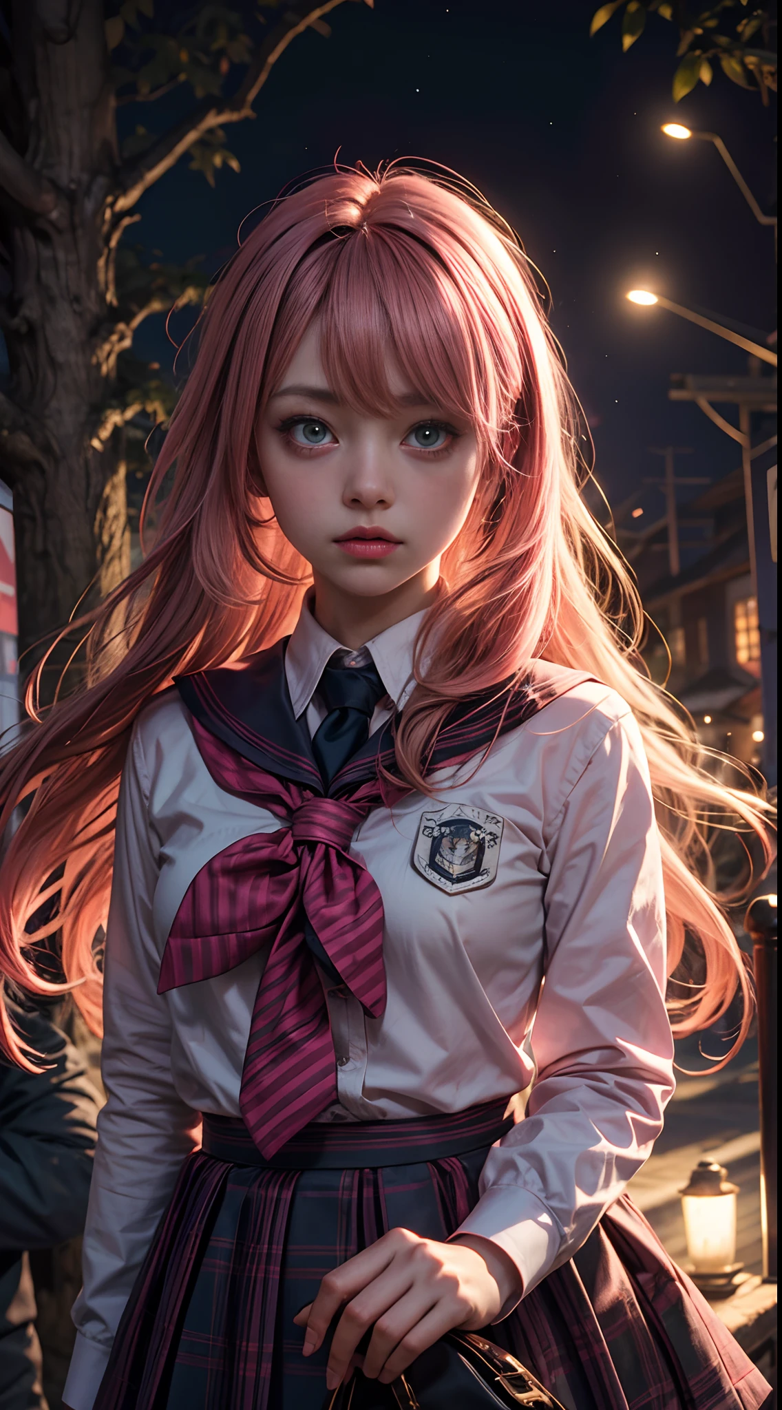 creepy momo girl, pink school uniform, pink color-theme, lost in dark wood, at night, haunting, glowing eyes, Extremely detailed eyes