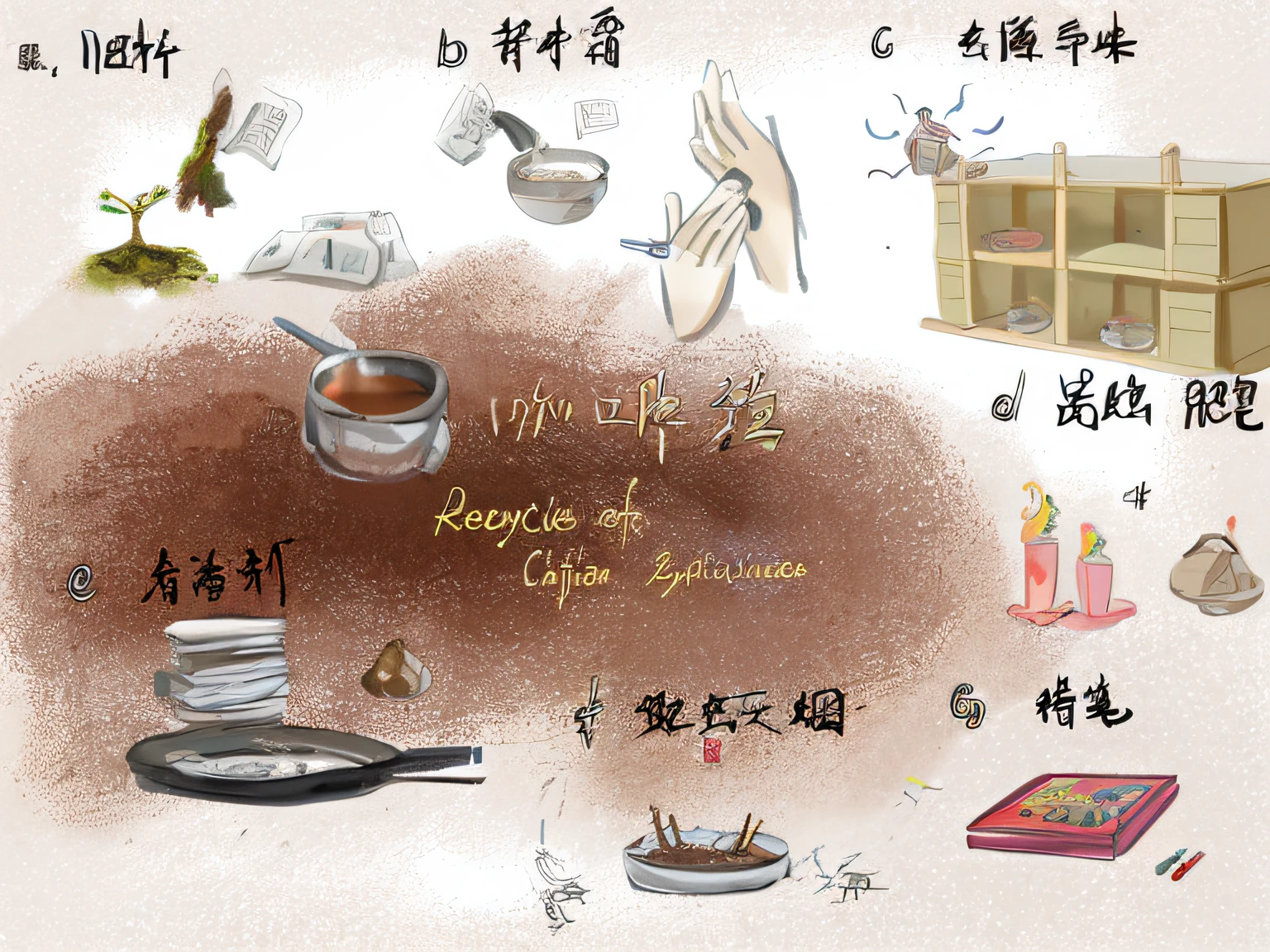 There are many different things in this picture, celebration of coffee products, an illustration of, encyclopedia illustration, Color illustration, Overlay Chinese text, background-image, kawa, Made from bonsai, colorful illustrations, in style of ruan jia, Wang Chen, Chinese text, chinese brush pen illustration, illustration], A illustration