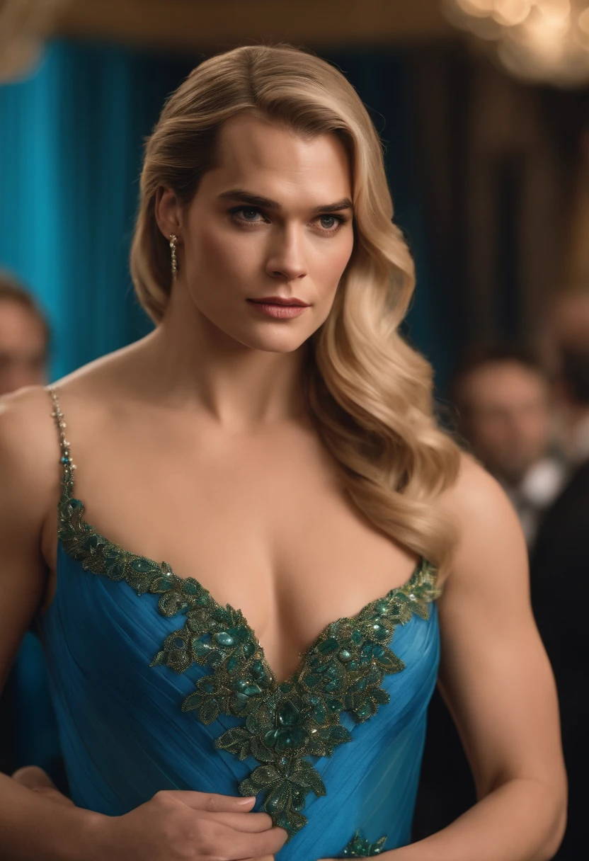 Henry Cavill wearing suit with his hands on the waist of a fat girl with blond hair and green eyes wearing a bright blue dress. The background consists of a gala ball in a fancy room.