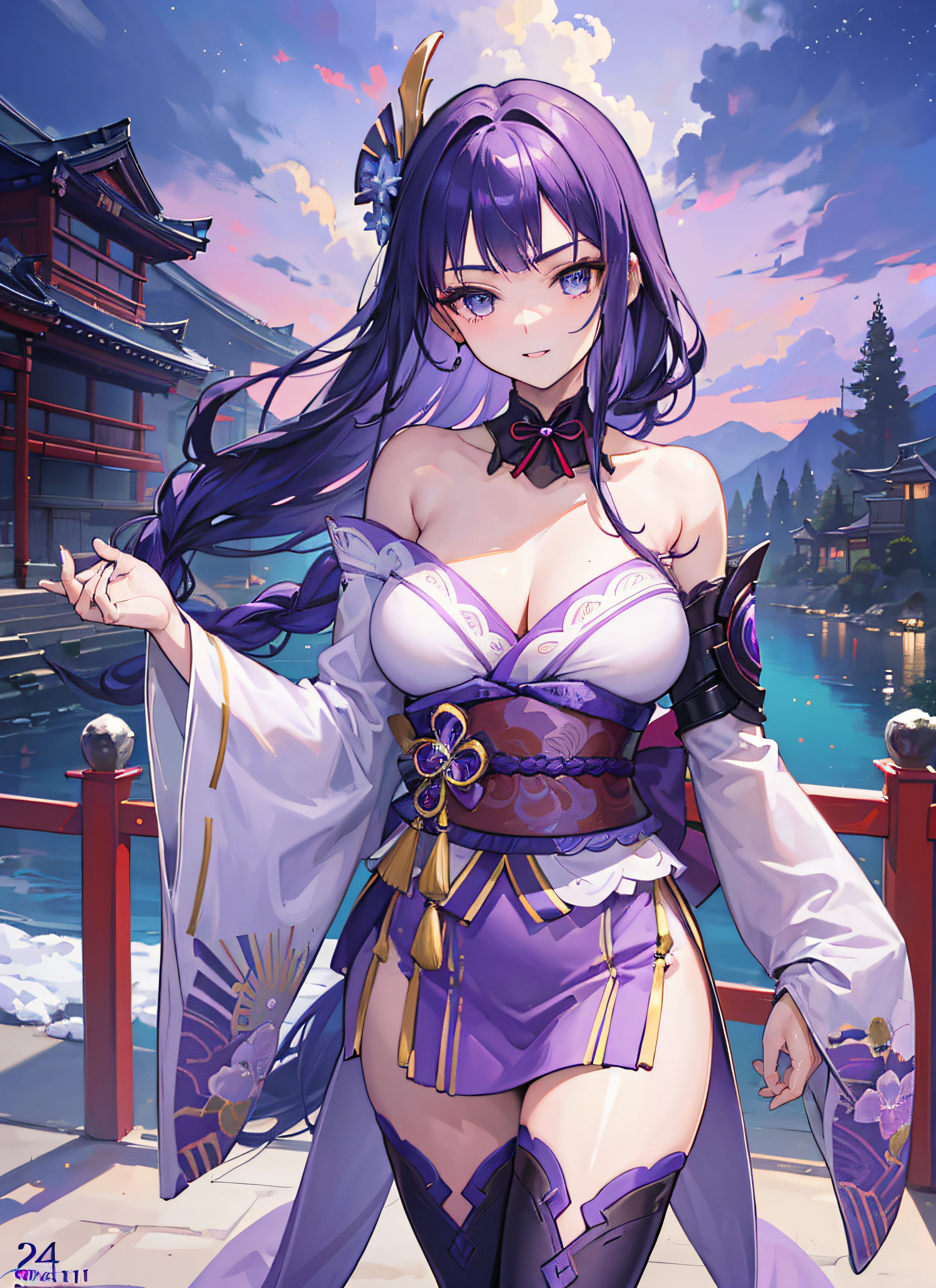 (night:1.2),(outdoors), (very detailed background), balcony, purple lightning, japanese style building, standing, facing viewer, cowboy shot, , raiden shogun,raidenshogundef, purple hair, hair ornaments, long hair, braid ponytail, (((armlet, purple japanese clothes, wide sleeves, long sleeves, thighhighs, purple kimono))), 1girl, solo, (24 years old:1.5),Beautiful Finger,Beautiful long legs,Beautiful body,Beautiful Nose, perfect eyes, perfect face,(beautiful detailed aqua eyes),((mature female:1.1)),((milf:1.1)),make up,parted lips,(shiny skin:1.1),(perfect female body:1.2),(gorgeous detailed skin),(detailed hair), looking at viewer, ((smile)), novel illustration,ray_tracing,intricate details,depth of field, extremely delicate and beautiful, medium breasts, (beautiful_face:1.5),