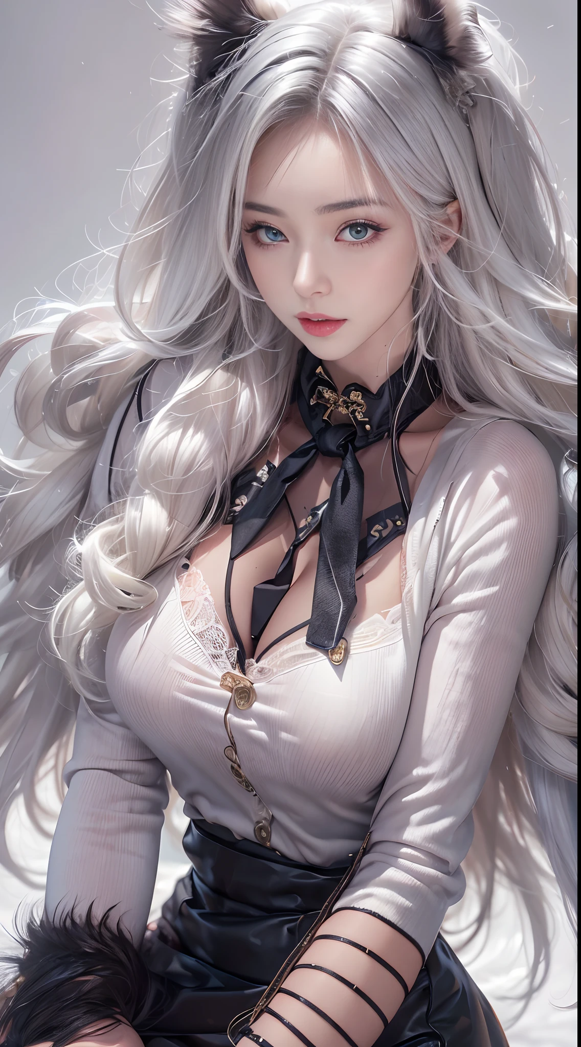 Photorealistic, high resolution, 1 Women, Solo, Waist up, Beautiful eyes, Close lips, Detailed face, White hair, Long hair, black necktie,Black skirt, Fur coat, Stockings, Full-Body, (NSFW:1.2)