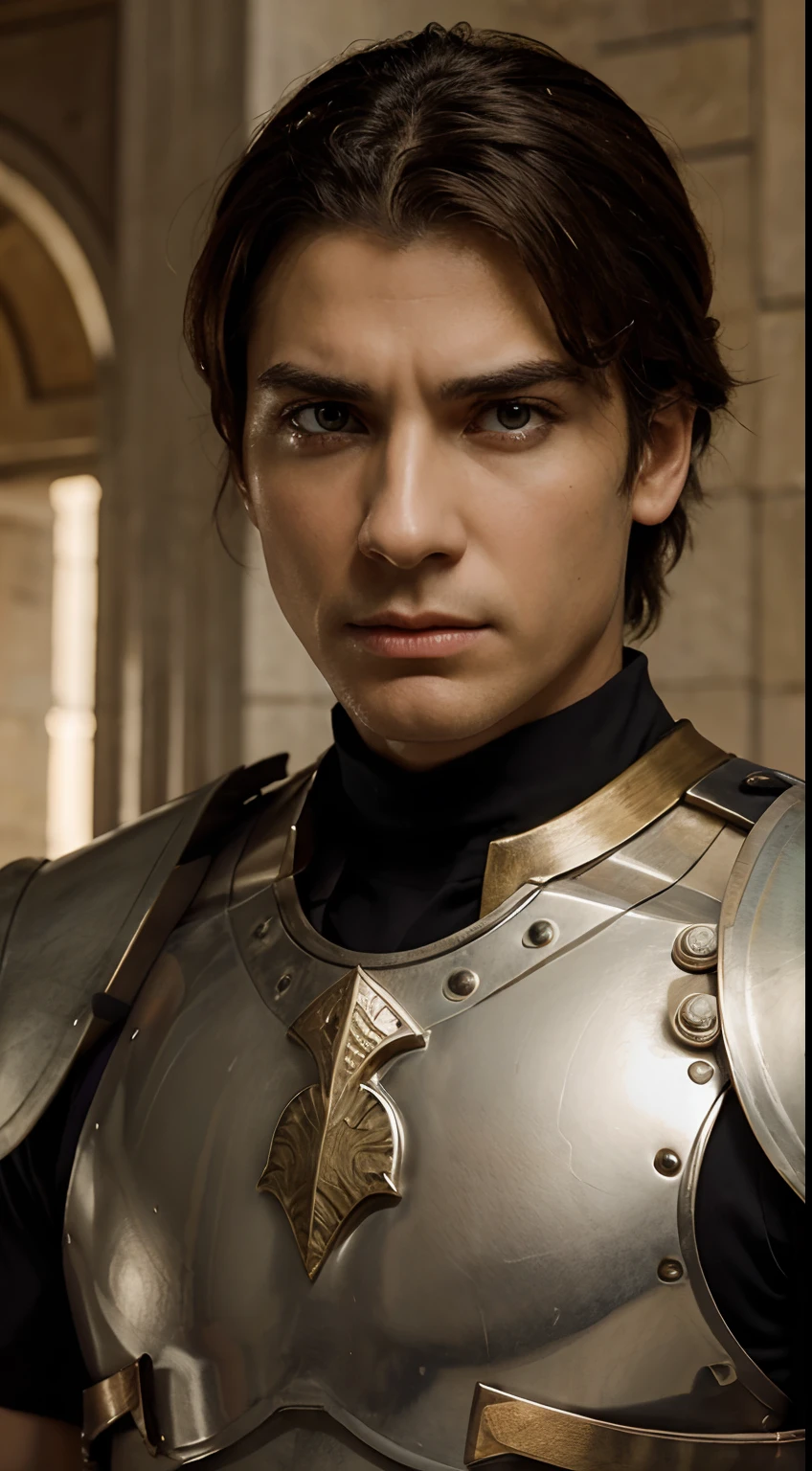 Handsome brunette man with green eyes super hero with armor