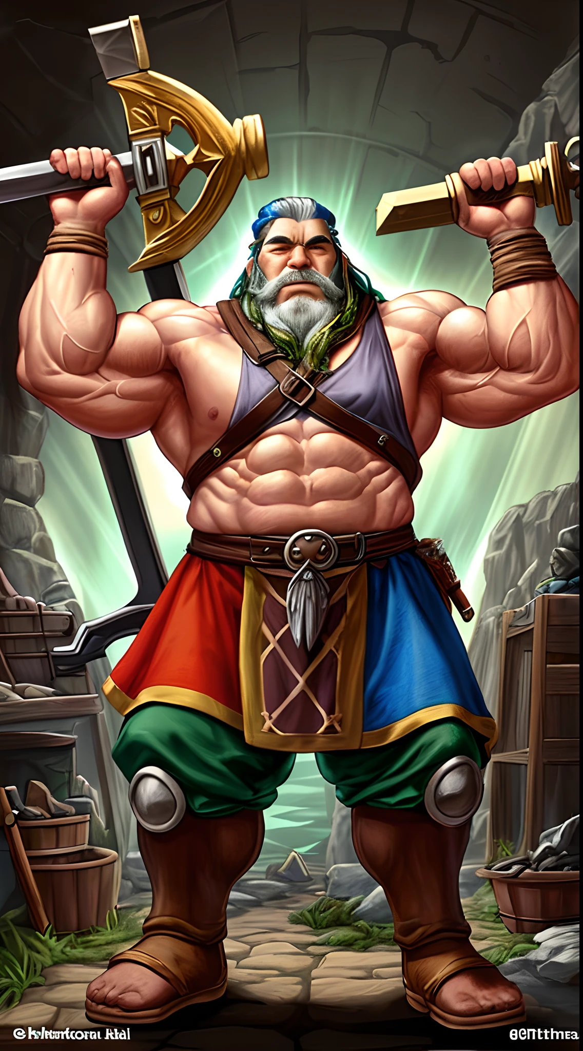 (He is a grumpy dwarf who lived in the western mines), blacksmithing god, dwarf, ((dwarvish god)) (((He has a huge and extremely muscular right arm))), He was known for his blacksmithing and forged the best iron, (god of smith), (god of weapons), ((1dwarf)) ( god of armory), god rays, masterpiece, accurate, super detail, high quality, best quality, 16k