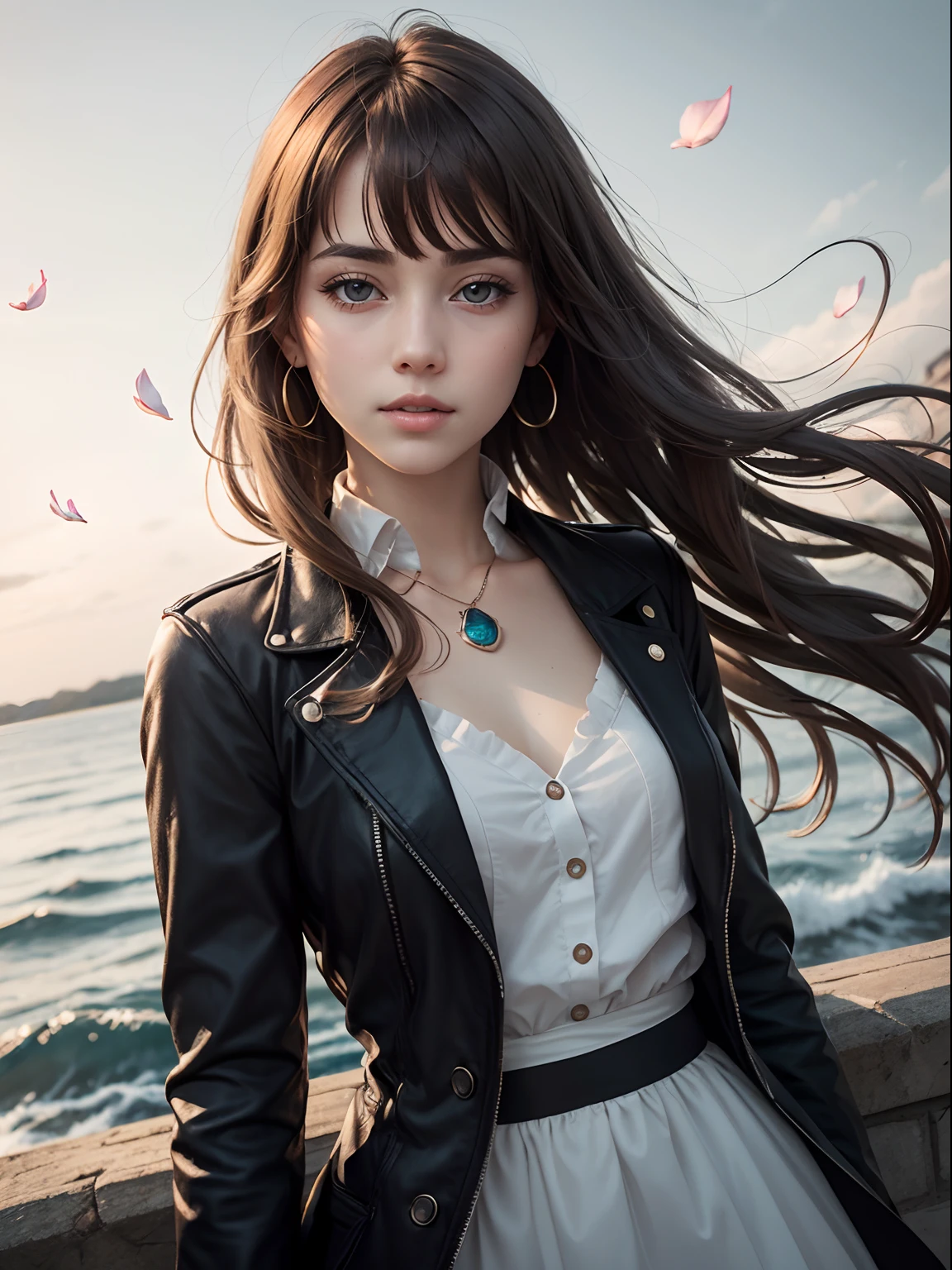 (dynamic angle:1.3),extreme closeup,windy,cinematic highlight,1girl,upper body,dacing,looking at viewer, violet_evergarden, solo, jewelry, blank eyes,brooch, blonde_hair,( vevry long hair:1.2),floating hairlong_sleeves, ribbon, blue_eyes, jacket, dress, gem, hair_ribbon,sky, depth_of_field, a close view of flying petal