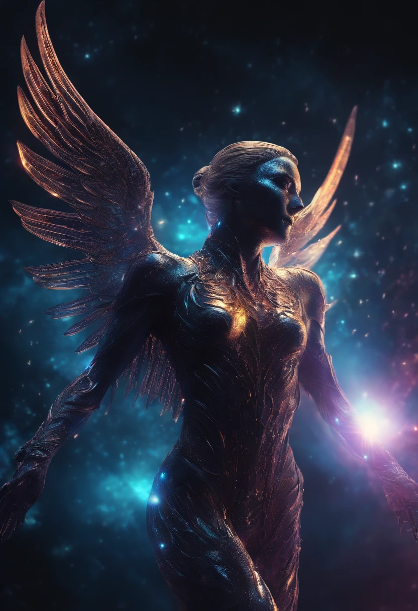 Cosmic Fallen Angel, glowing light eyes, Biomechanical, eerie, Creepy, nightmarish, Very bright colors, Light particles, with light glowing, Mshiff, wallpaper art, UHD wallpaper