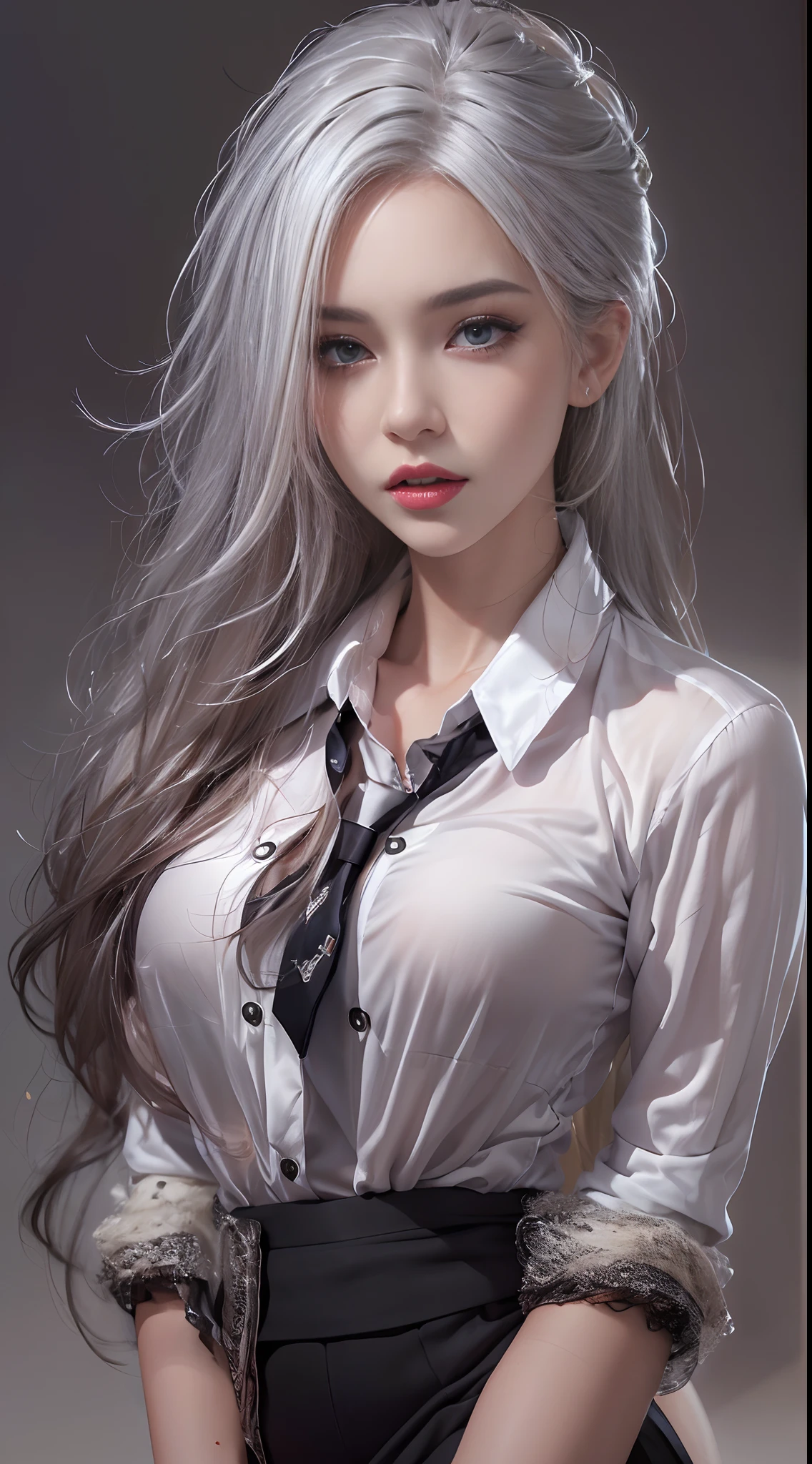 Photorealistic, high resolution, 1 Women, Solo, Waist up, Beautiful eyes, Close lips, Detailed face, White hair, Long hair, Collared shirt, black necktie,Black skirt, pencil skirts, Fur coat, Stockings, (NSFW:1.2)