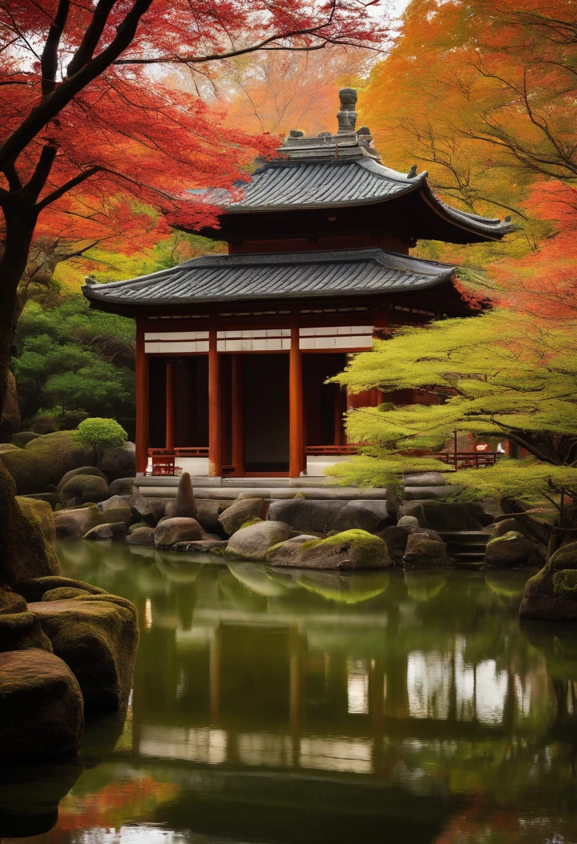 japanese temple in the middle of the forest,stone pathway,traditional architecture,foggy atmosphere,mystical feel,sun rays piercing through trees,dappled sunlight,tranquil surroundings,symmetrical design,perfectly manicured gardens,serene ambiance,pagoda roof,towering trees,autumn leaves falling,peaceful and meditative,subtle color palette,enchanted vibes,calming zen atmosphere,vivid green moss,ancient wooden pillars,peaceful silence,traditional lanterns,incense smoke swirling in the air,elegant craftsmanship,authentic cultural heritage,serene reflections on a nearby pond,serenity amidst nature,harmony of architecture and nature,soft and diffused lighting,blossoming cherry blossoms in the spring,crunching of leaves underfoot,majestic tranquility,whispering bamboo forest,spiritual pilgrimage,spiritual enlightenment,vibrant fall colors,sacred rituals,deep sense of tranquility,hidden oasis amidst nature,meticulous attention to detail,ceramic roof tiles featuring intricate patterns.