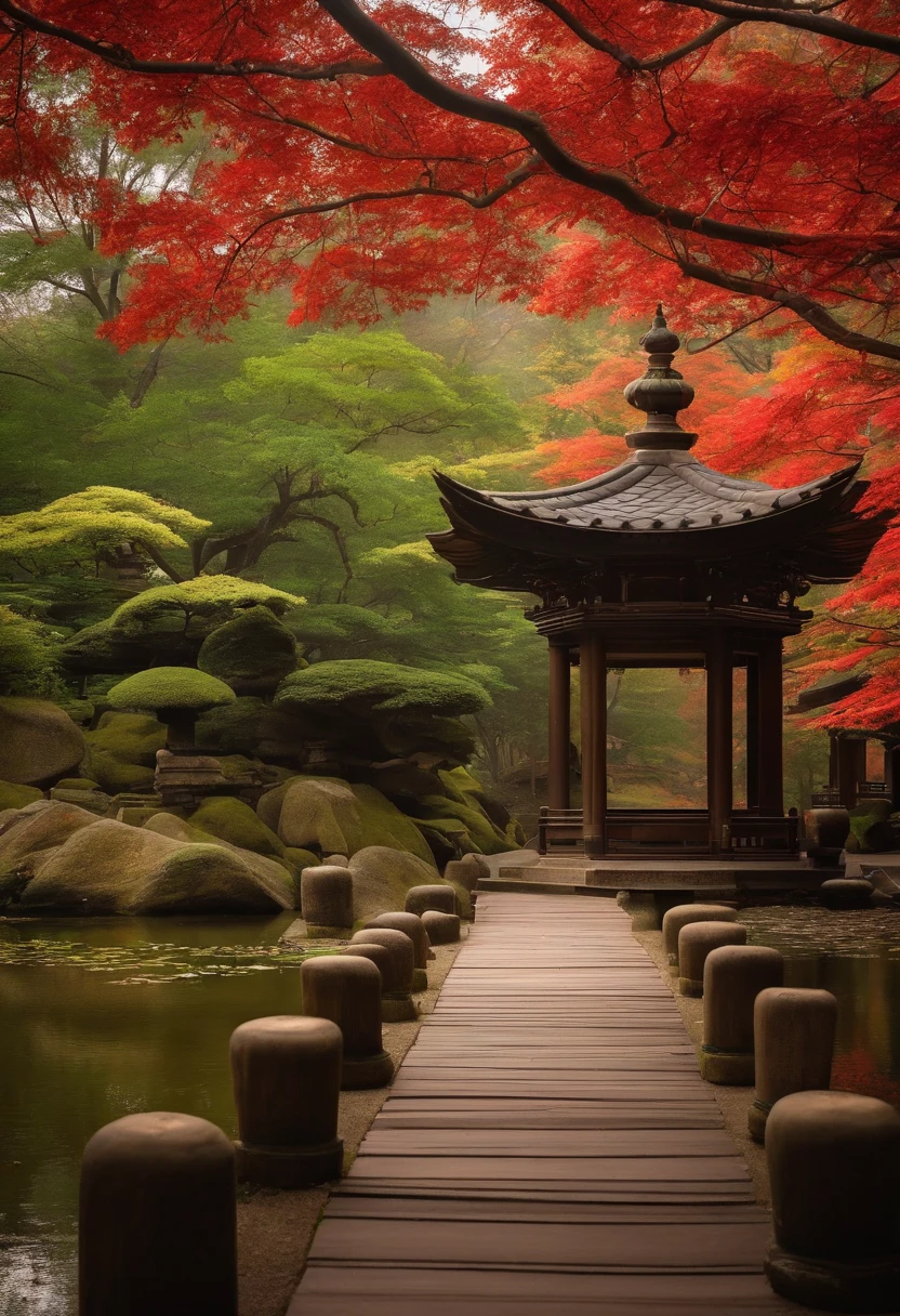 japanese temple in the middle of the forest,stone pathway,traditional architecture,foggy atmosphere,mystical feel,sun rays piercing through trees,dappled sunlight,tranquil surroundings,symmetrical design,perfectly manicured gardens,serene ambiance,pagoda roof,towering trees,autumn leaves falling,peaceful and meditative,subtle color palette,enchanted vibes,calming zen atmosphere,vivid green moss,ancient wooden pillars,peaceful silence,traditional lanterns,incense smoke swirling in the air,elegant craftsmanship,authentic cultural heritage,serene reflections on a nearby pond,serenity amidst nature,harmony of architecture and nature,soft and diffused lighting,blossoming cherry blossoms in the spring,crunching of leaves underfoot,majestic tranquility,whispering bamboo forest,spiritual pilgrimage,spiritual enlightenment,vibrant fall colors,sacred rituals,deep sense of tranquility,hidden oasis amidst nature,meticulous attention to detail,ceramic roof tiles featuring intricate patterns.