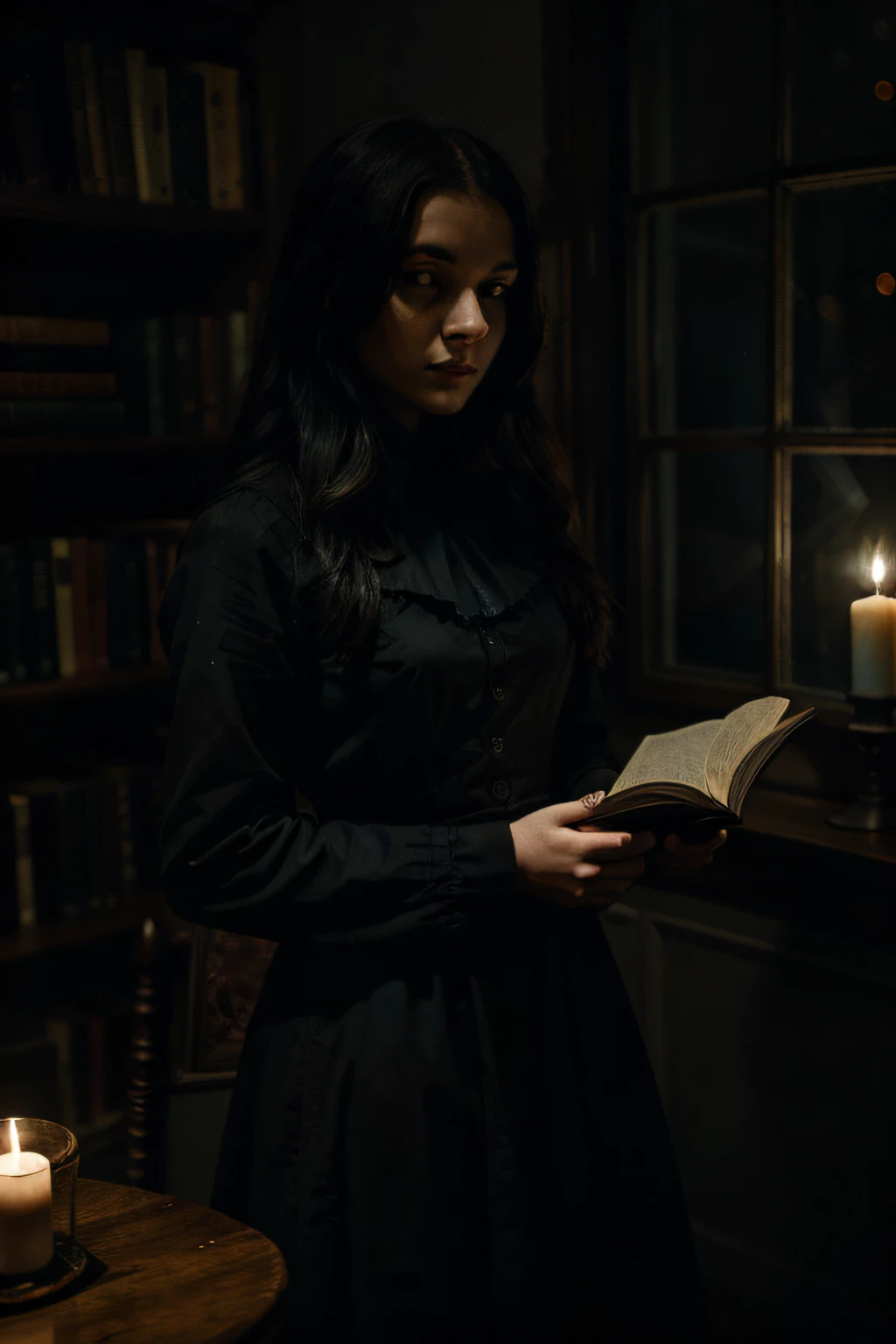 a girl reading a book in a dimly lit room,antique wooden bookshelf, candlelit atmosphere, a raven perched on a windowsill,dusty pages, a haunting portrait on the wall,the girl wearing a long black dress,shadows and mystery, creepy atmosphere, classic horror vibes, Edgar Allan Poe-inspired, dark and gothic art style, eerie blue and black color palette, dramatic lighting, ghostly presence