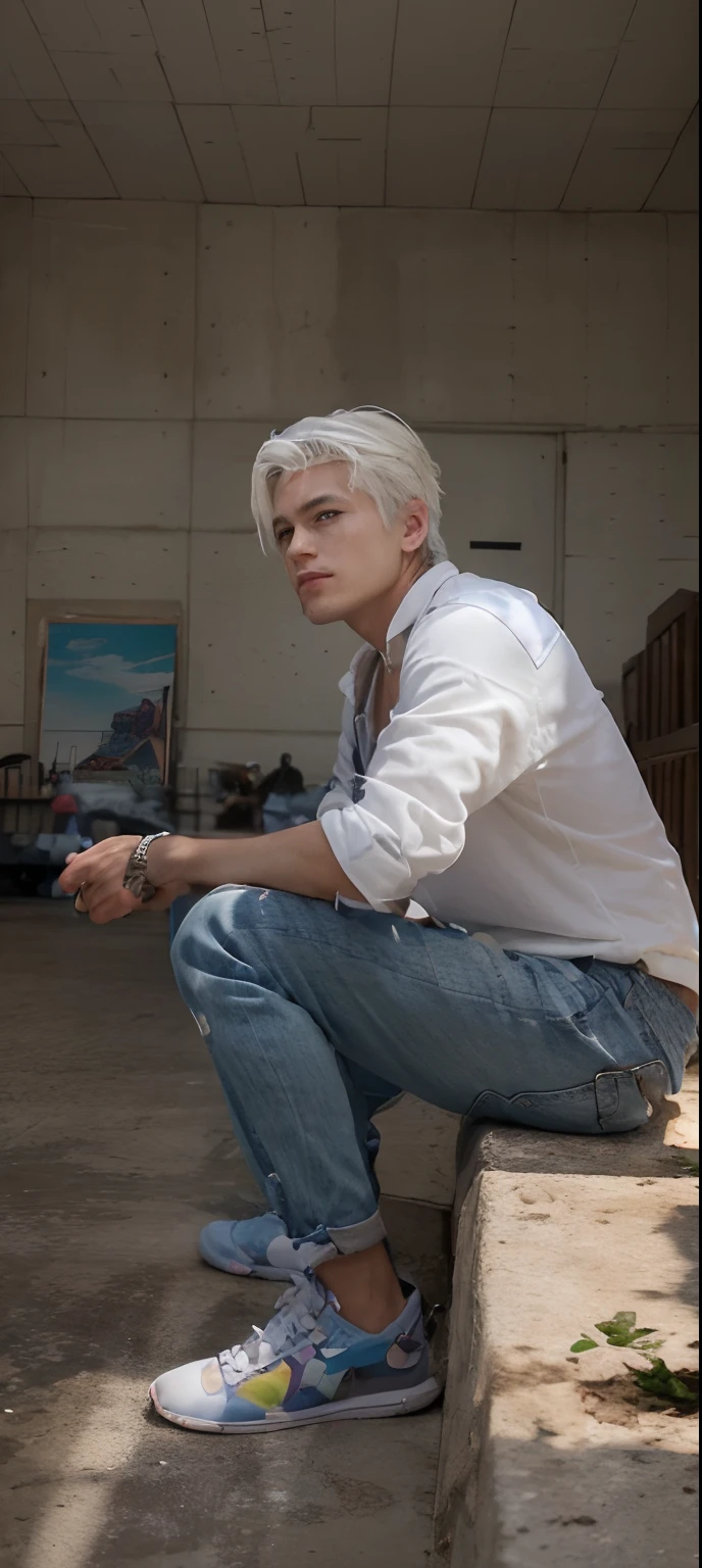(absurderes、hight resolution、ultra-detailliert、HDR)、masterpiece、top-quality、male child、独奏、a handsome、shorth hair、white hair、finely eye and detailed face、Casual clothing、Real Shadows、