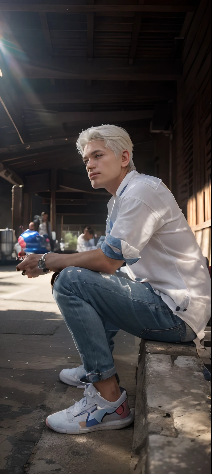 (absurderes、hight resolution、ultra-detailliert、HDR)、masterpiece、top-quality、male child、独奏、a handsome、shorth hair、white hair、finely eye and detailed face、Casual clothing、Real Shadows、