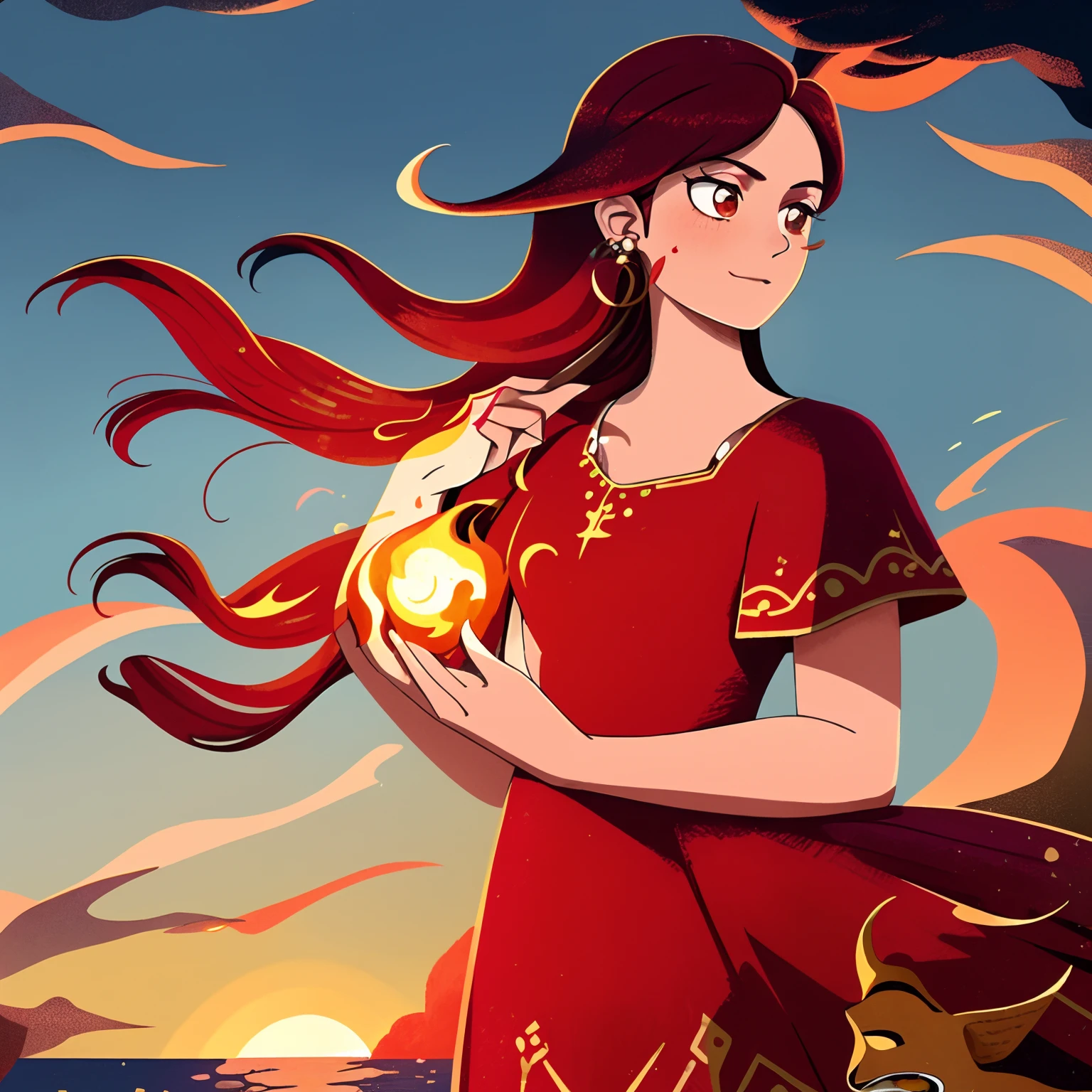 ( High quality , ultra detailed to hand ) ( careful hand ) Zodiac sign- Aries goddess , Similar to Latin goodness , Brave ,willful ,Productive ,enterprising and humanitarian face . Moody, impulsive, Impatient, assertive style . sunset reddish hair , Transparent dress , in the ocean with sun , Whole body , Crystal fire eyes ( eye detailed ) . Powerful makeup . the fire goddess .