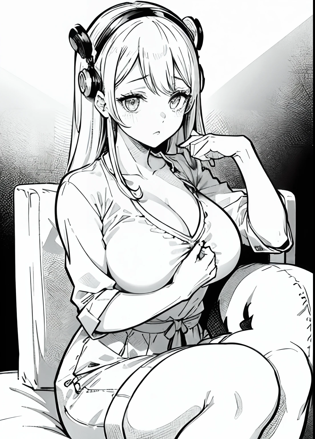 boichi manga style, 1girl, monochrome greyscale, shortstackBT, solo, sitting, long hair, upper body, ((masterpiece))