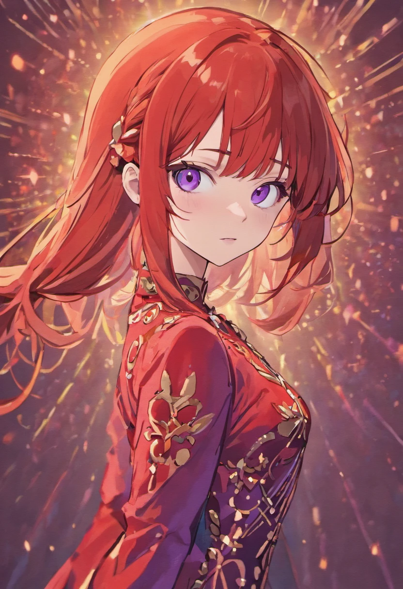 ultra detailed illustration of a extremely beautiful woman with long red hair with fringe, (green eyes) wearing a tight purple sequin dress, bold glamour makeup, bold makeup, turtleneck, evil gaze with a smirk, hand drawn illustration by MSchiffer, cartoonish vector, (cel-shaded:1.5) (cel shading:1.5) ((purple dress:1.3))