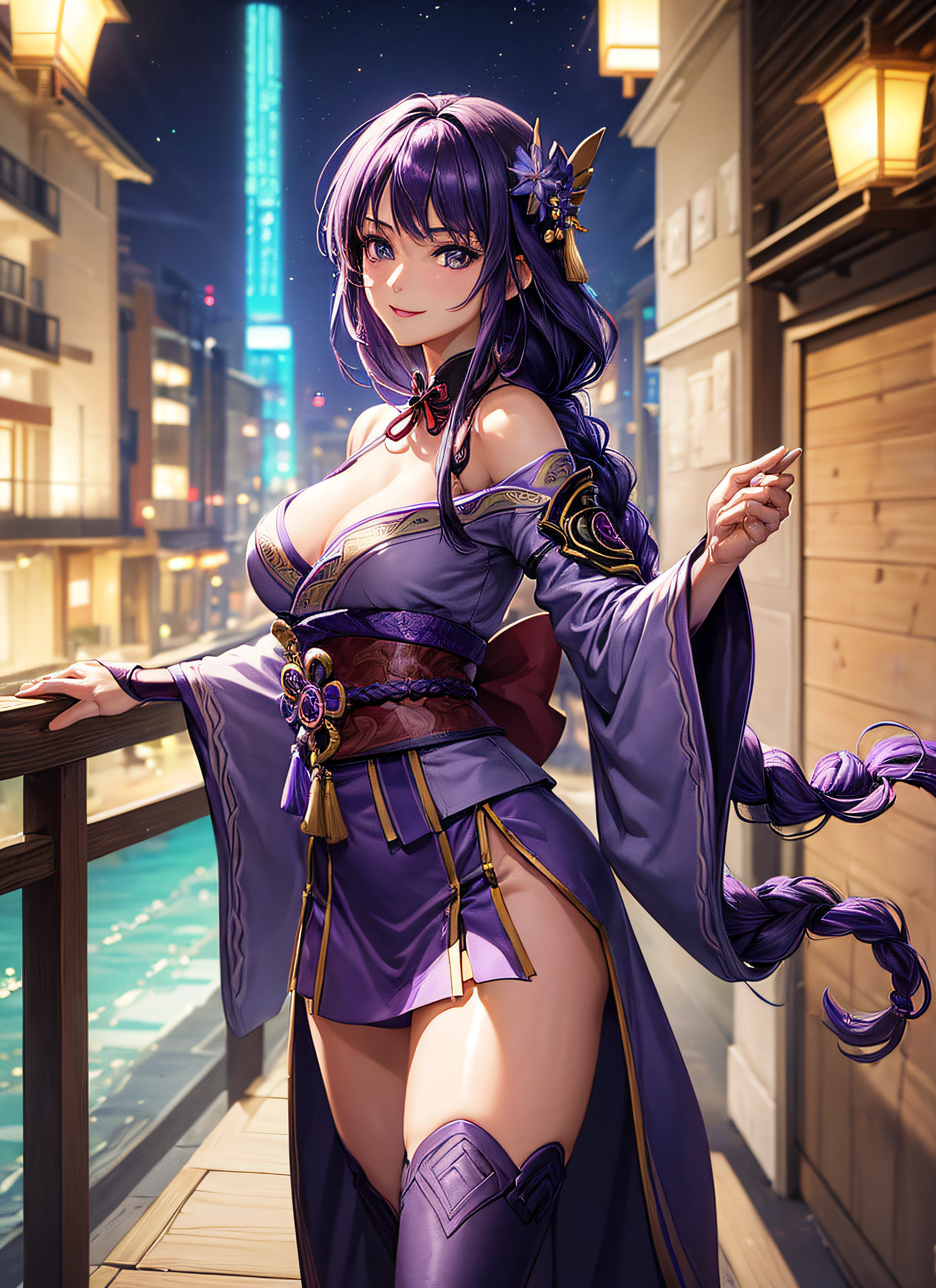 (night:1.2),(outdoors), (very detailed background), balcony, purple lightning, japanese style building, standing, facing viewer, cowboy shot, , raiden shogun,raidenshogundef, purple hair, hair ornaments, long hair, braid ponytail, (((armlet, purple japanese clothes, wide sleeves, long sleeves, thighhighs, purple kimono))), 1girl, solo, (24 years old:1.5),Beautiful Finger,Beautiful long legs,Beautiful body,Beautiful Nose, perfect eyes, perfect face,(beautiful detailed aqua eyes),((mature female:1.1)),((milf:1.1)),make up,parted lips,(shiny skin:1.1),(perfect female body:1.2),(gorgeous detailed skin),(detailed hair), looking at viewer, ((smile)), novel illustration,ray_tracing,intricate details,depth of field, extremely delicate and beautiful, medium breasts, (beautiful_face:1.5),