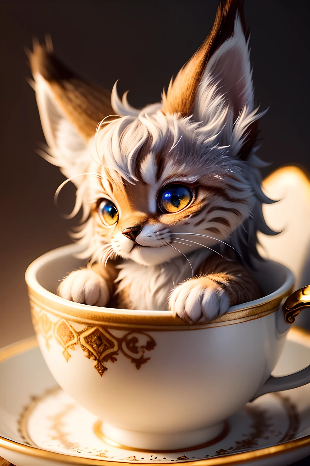 tiny cute lynx sitting in teacup, Claymation, Closeup, fluffy fur, high detail, glittery eyes, soft lighting