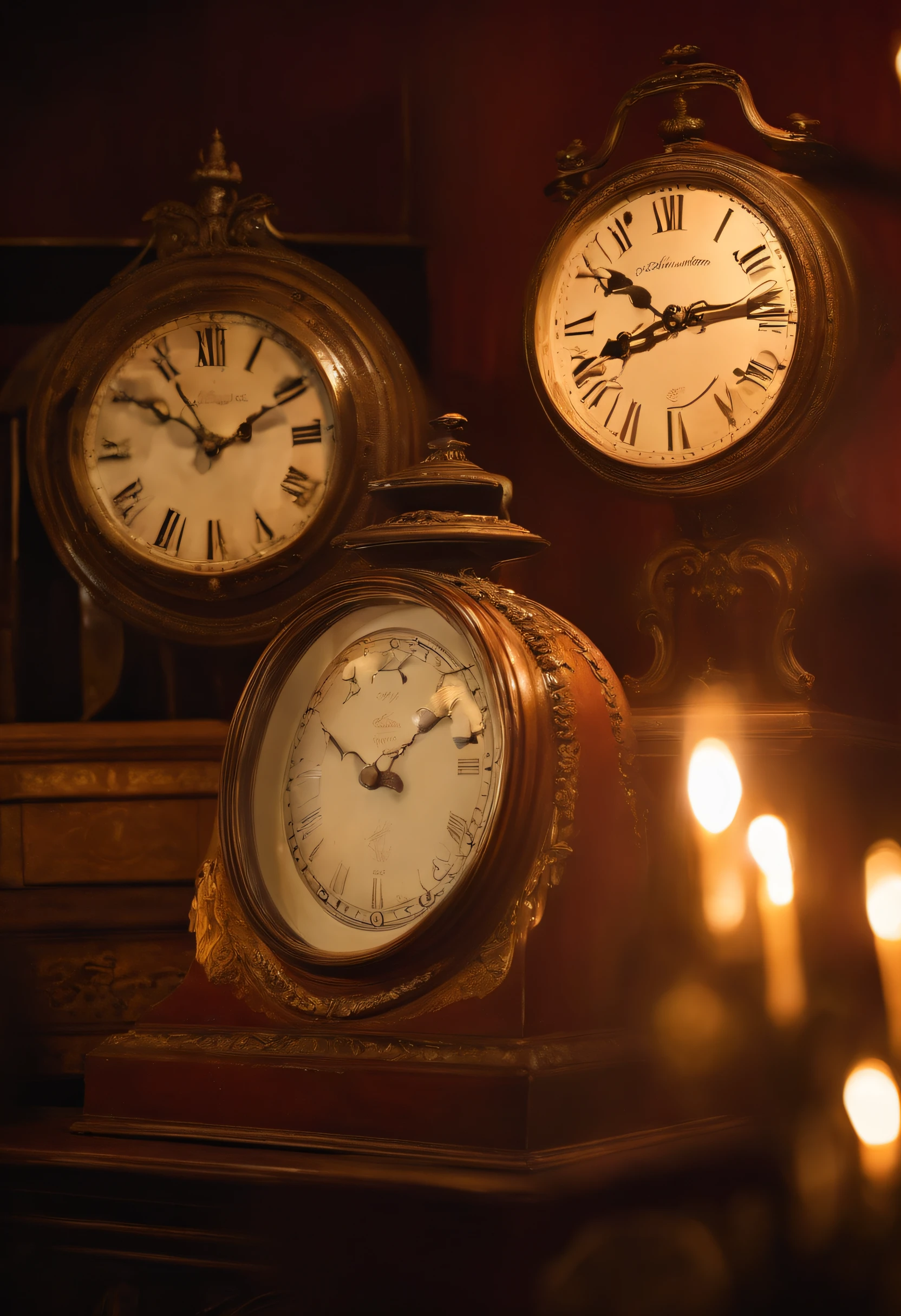 Old clocks turning to dust and a light in the background giving glow and making a cutout lighting on the clocks