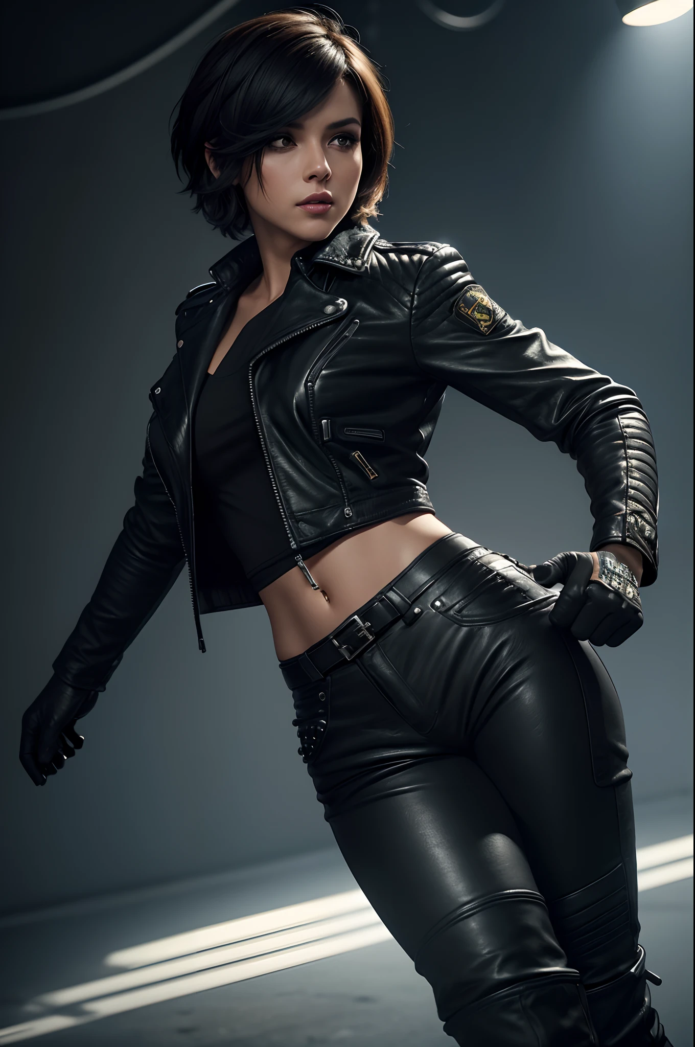 (best quality, 4k, Alto:1.2), (Realistic, fotorrealista:1.37)
police, Short hair
Dressed in a black leather jacket and pants, Wearing Boots
Engaged in an action scene
Vivid colors, Dark Tone
Sharp focus, Description of extreme details
Studio Lighting, dynamic lighting effects