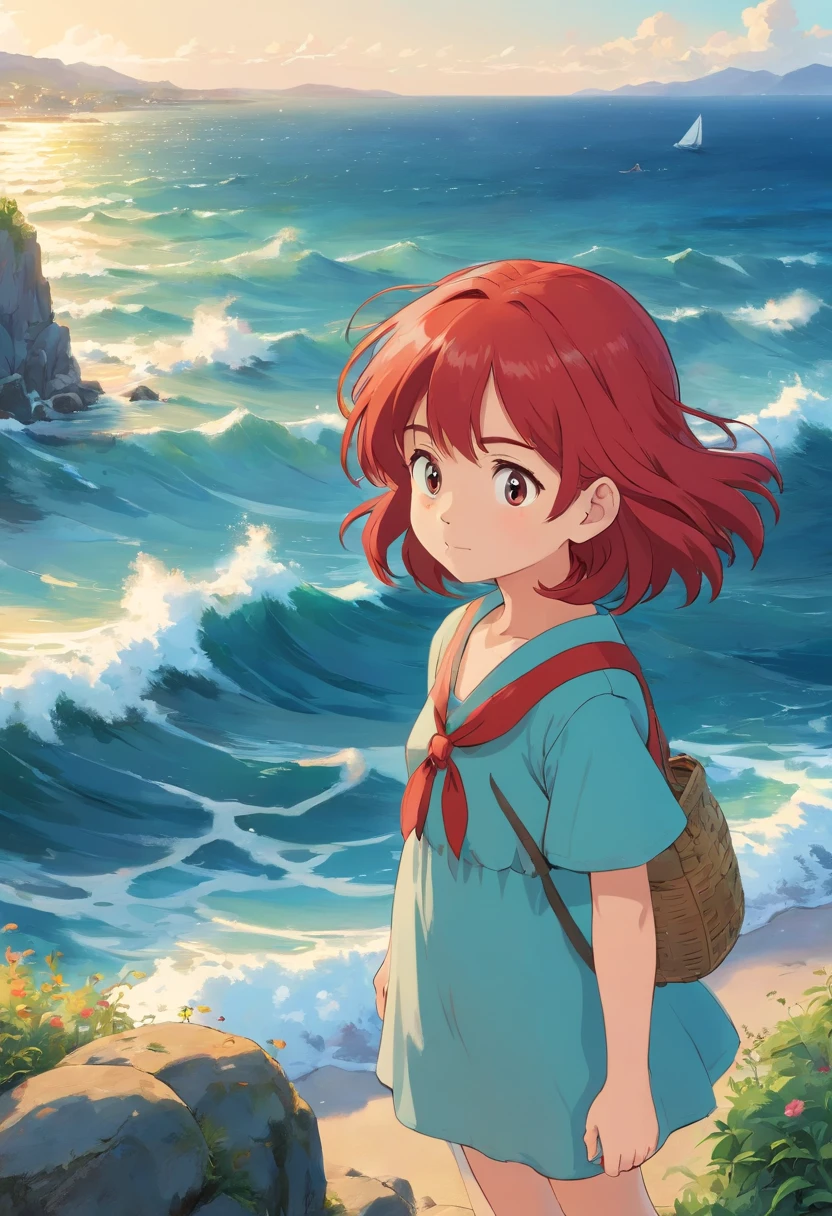 A cute girl standing by the sea,Red hair,looking at the ocean,The wind caresses the hair