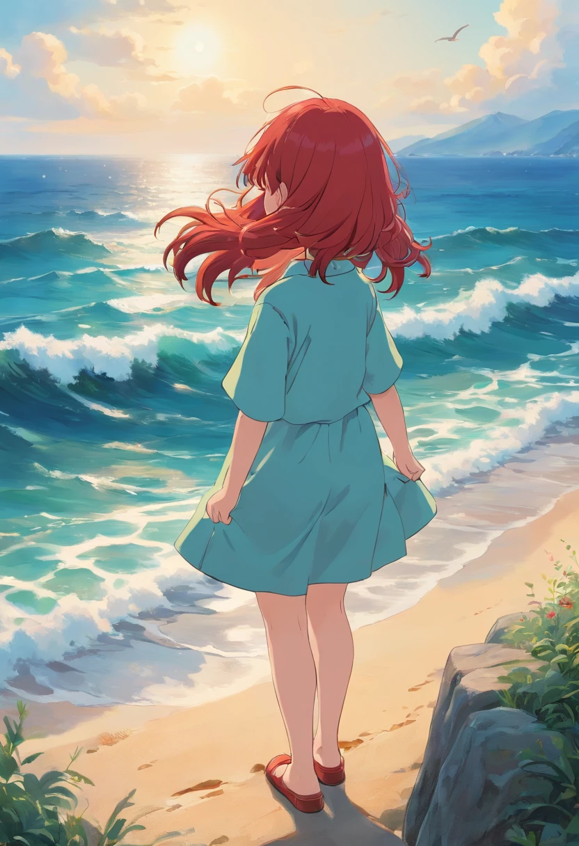 A cute  girl standing by the sea，Red hair，looking at the ocean，The wind caresses the hair