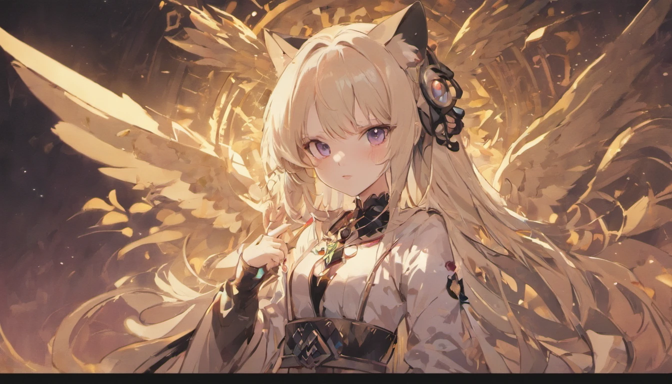 White cat lady,Only one black wing.,White on the outside and black ears on the inside,There is a black diamond halo on the right ear,Black claws,Wearing a black moon necklace,There are small chains on the tail,